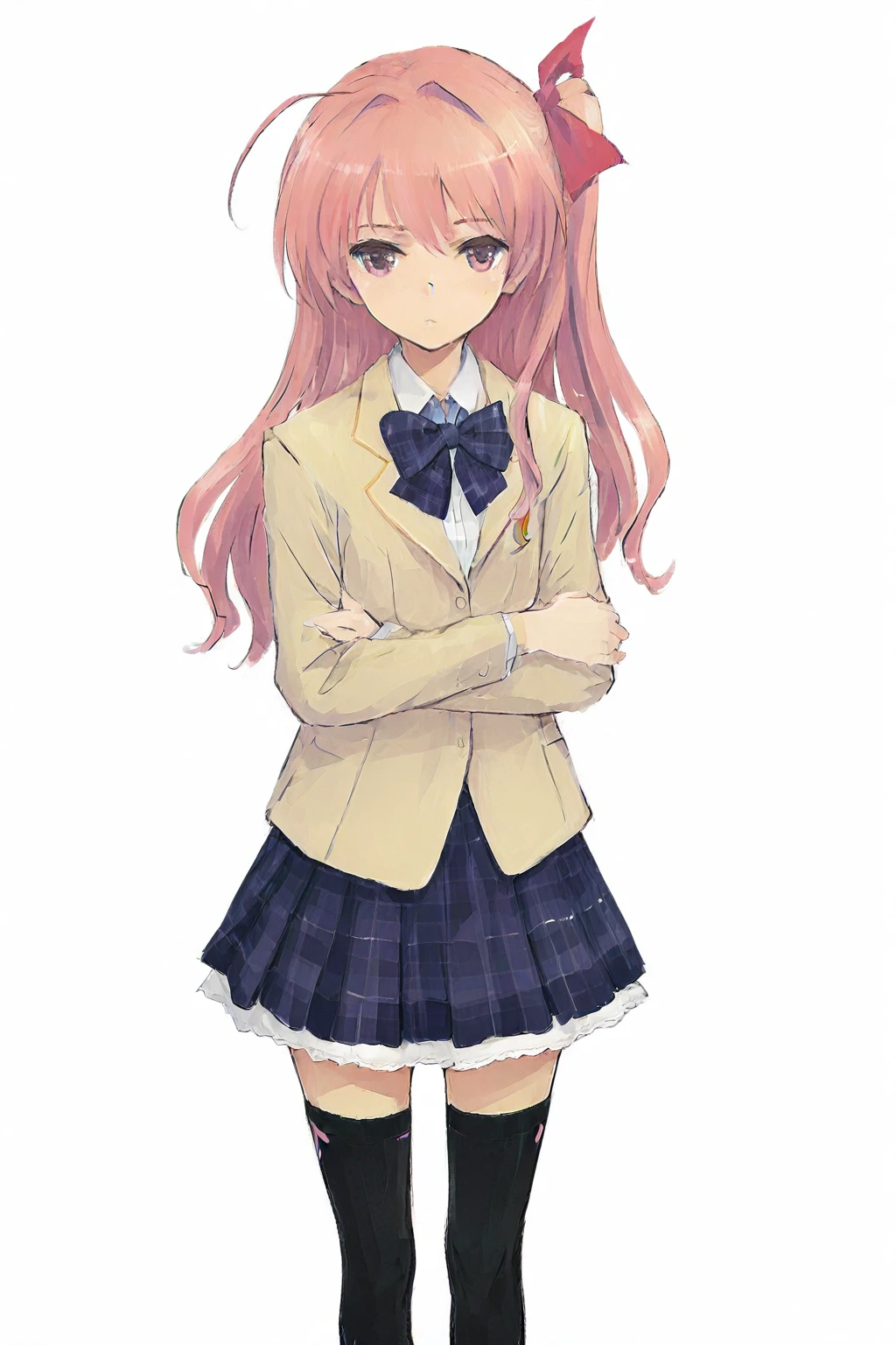 1girl, masterpiece, huke_style, rimi sakihata, long hair, pink hair, school uniform, ribbon, bow, skirt, pink eyes, thighhighs, hair ribbon, plaid, blazer, black thighhighs, jacket, plaid skirt, zettai ryouiki, upper body, simple background  <lora:Rimi_Sakihata_IL:1>  <lora:xilmoforill:1>