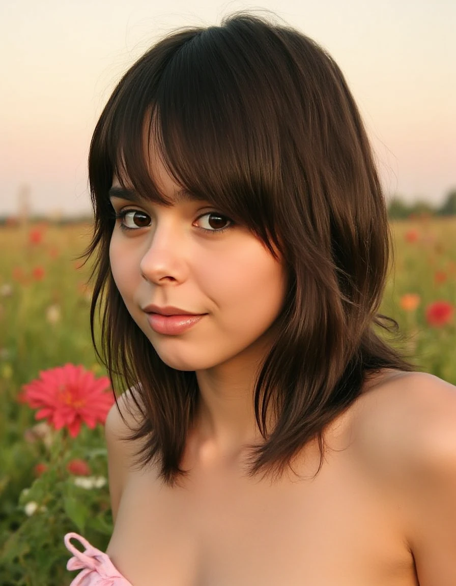 A 35mm Kodachrome analog film photo, presented in a vintage, highly detailed, grainy, and vignette style with a worn, stained aesthetic reminiscent of Lomography and found footage. Shot from a low-angle perspective, with a shallow depth of field, the image captures a young woman in a lush field of dream-inducing flowers, set against a warm, serene backdrop of a pastel sunset sky. Her fur displays a range of textures, from the soft, fluffy tufts on her cheeks and shoulders to the longer, more wiry strands on the top of her head, while her facial expression reveals a puzzled, yet tranquil, state. The intricate patterns of her hair and the way the light catches her eyes highlight the detailed qualities of her features, further emphasized by the cinematic Kodachrome colors that dominate the palette. A few strands of stray fur frame her face, softened by the subtle desaturation and resulting in a dreamy, ethereal quality.