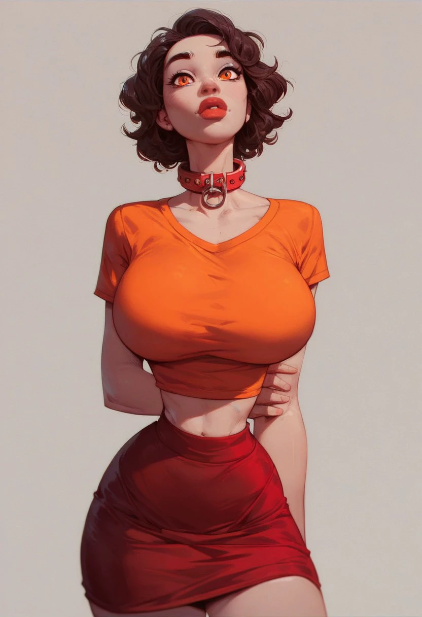 score_9, score_8_up, score_7_up, cartoon, a tiny woman, 1girl, brunette,  orange eyes, (solo), (thin neck), (portrait), orange top, red skirt metal collar, thick lips, innocent expression, huge breasts, narrow waist,