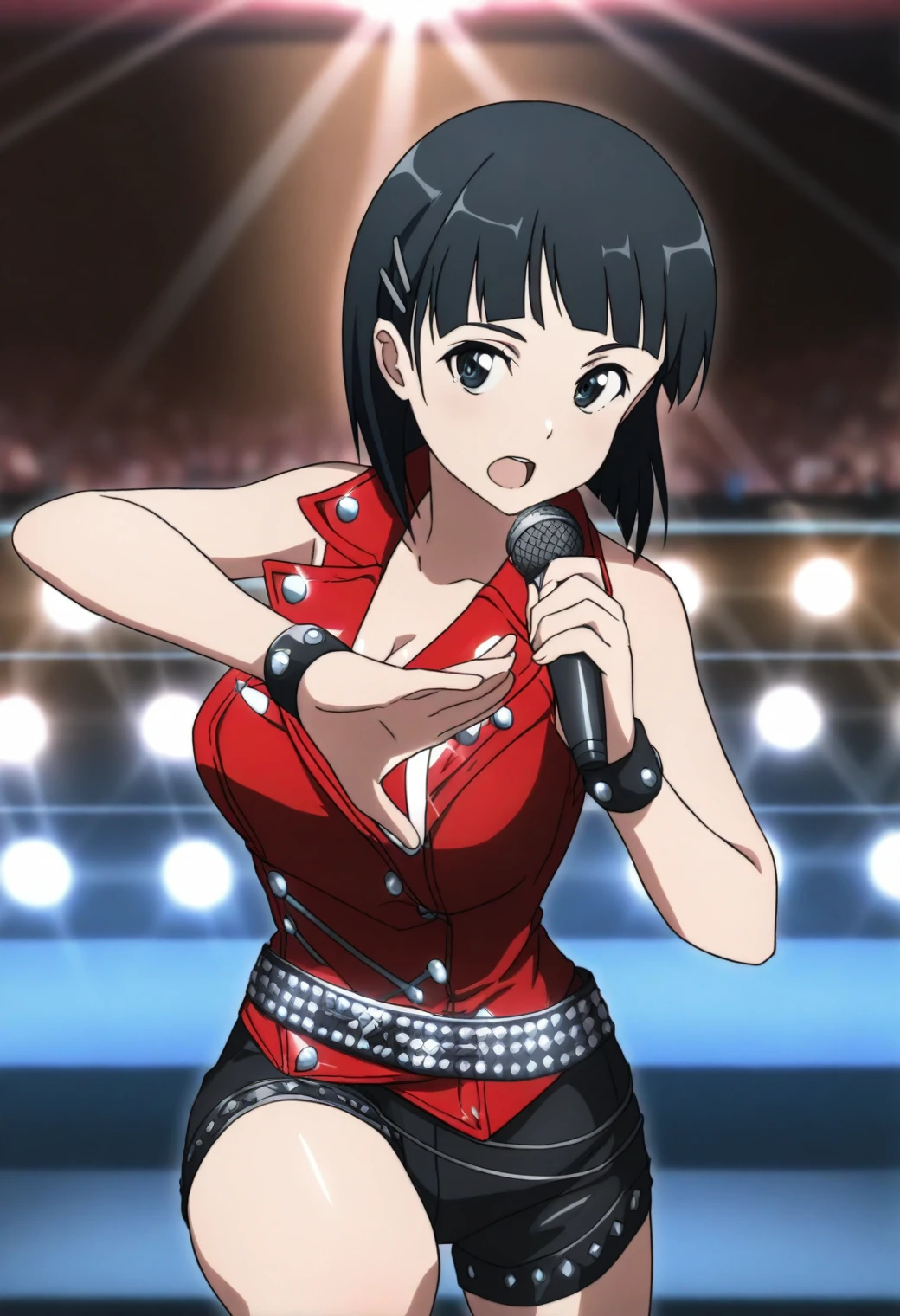 <lora:Suguha Kirigaya - [Sword Art Online] - illustriousXL v1:1>, sysdeep_suguha, black hair, medium hair, black eyes, concert, stage lights, holding microphone, rock outfit, dynamic pose, anime coloring