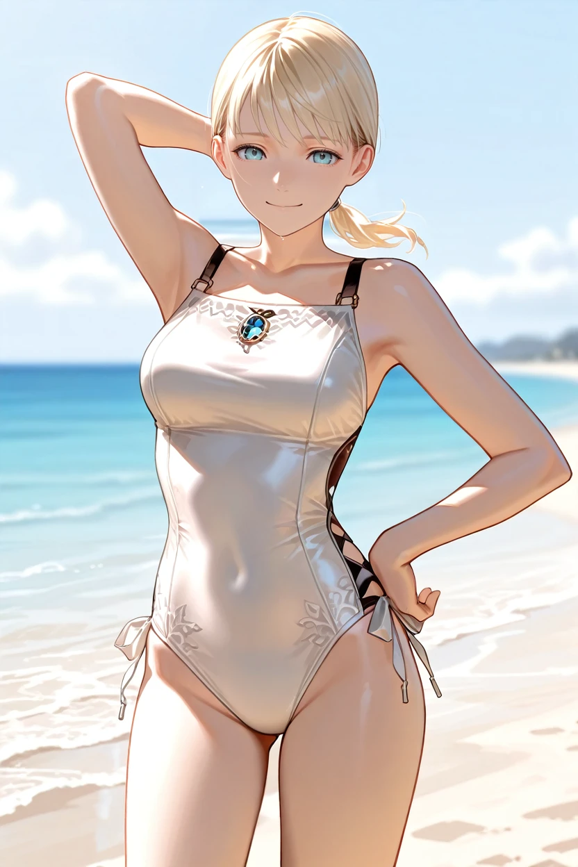 masterpiece, best quality, absurdres,
<lora:HGFiona:1.0>
HGFiona, 1girl, blonde hair, ponytail, blue eyes, looking at viewer, cute swimsuit, beach, hand on own hip, arm behind head, smile, standing, cowboy shot