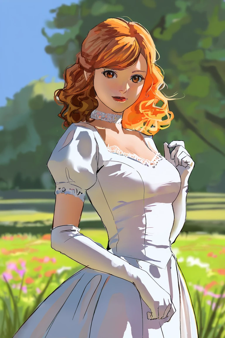 masterpiece, best quality, highres, newest, sketch, 1girl, solo, medium hair, curly hair, wavy hair, orange hair, swept bangs, brown eyes, lips, lipstick, looking at viewer, medium breasts, choker, medium dress, white dress, lace trim, puffy sleeves, puffy short sleeves, short sleeves, gloves, elbow gloves, white gloves, hand up, cowboy shot, closed mouth, standing, outdoors, field, flower, grass, plant, sky <lora:Sketch Illustration [LoRA] - NoobAI-XL EPS 1.0:0.8>