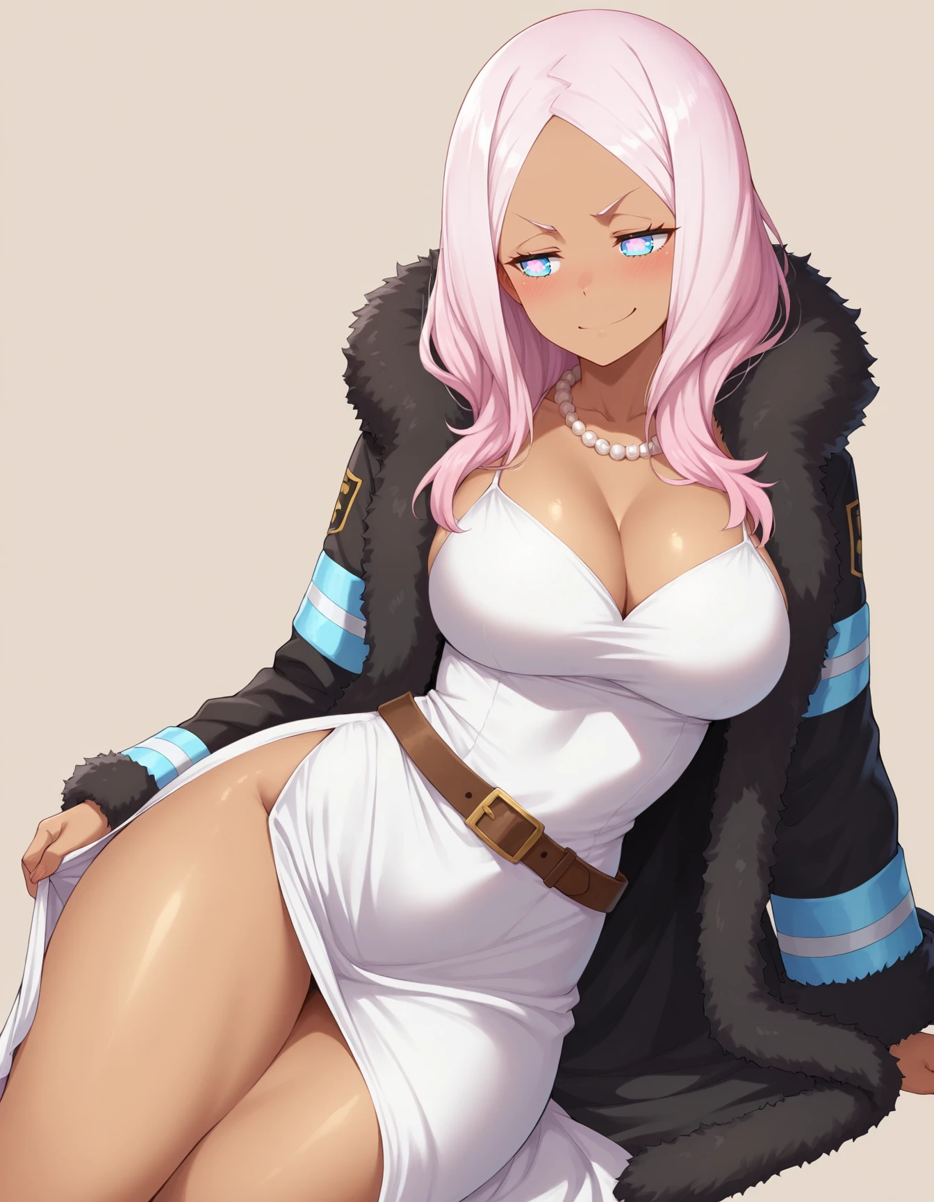 <lora:Hibana:1>
h1bana, dark-skinned female, long hair, blue eyes, symbol-shaped pupils, light pink hair, 
black coat, white dress, side slit, cleavage, belt, pearl necklace, fur trim,
sitting, on side, dress lift, thighs, smirk, blush, 
simple background,, masterpiece, best quality