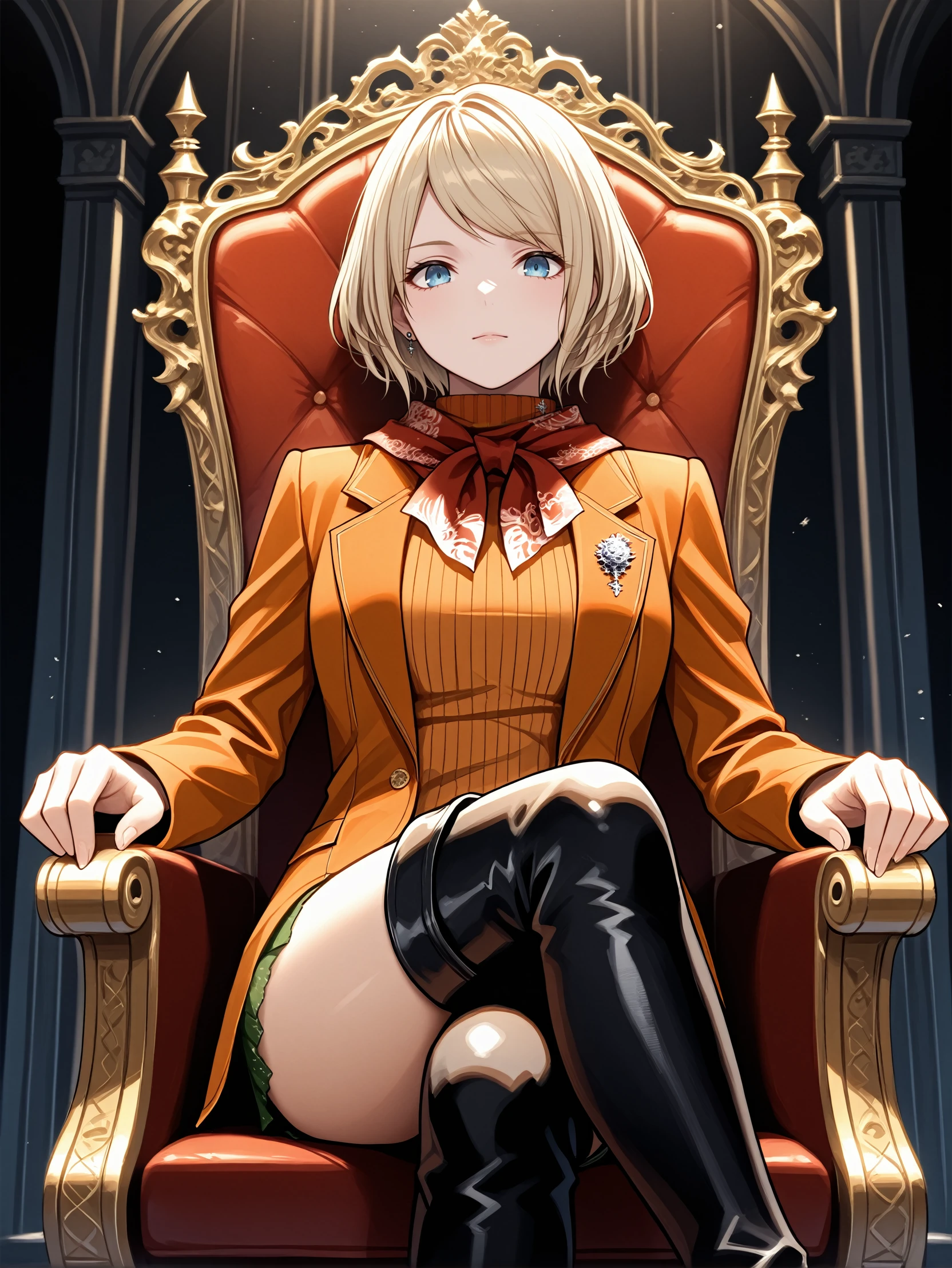 masterpiece, best quality, absurdres,
<lora:RE4Ashley:1.0>
RE4Ashley, 1girl, blonde hair, short hair, blue eyes, looking at viewer, sitting, throne, crossed legs, indoors, thigh boots