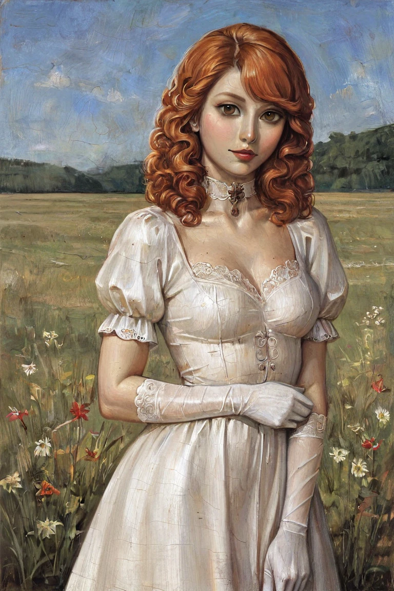 masterpiece, best quality, highres, newest, gothic art, traditional media, realistic, 1girl, solo, medium hair, curly hair, wavy hair, orange hair, swept bangs, brown eyes, lips, lipstick, looking at viewer, medium breasts, choker, medium dress, white dress, lace trim, puffy sleeves, puffy short sleeves, short sleeves, gloves, elbow gloves, white gloves, hand up, cowboy shot, closed mouth, standing, outdoors, field, flower, grass, plant, sky <lora:Gothic Art [LoRA] - NoobAI-XL EPS 1.0:0.8>