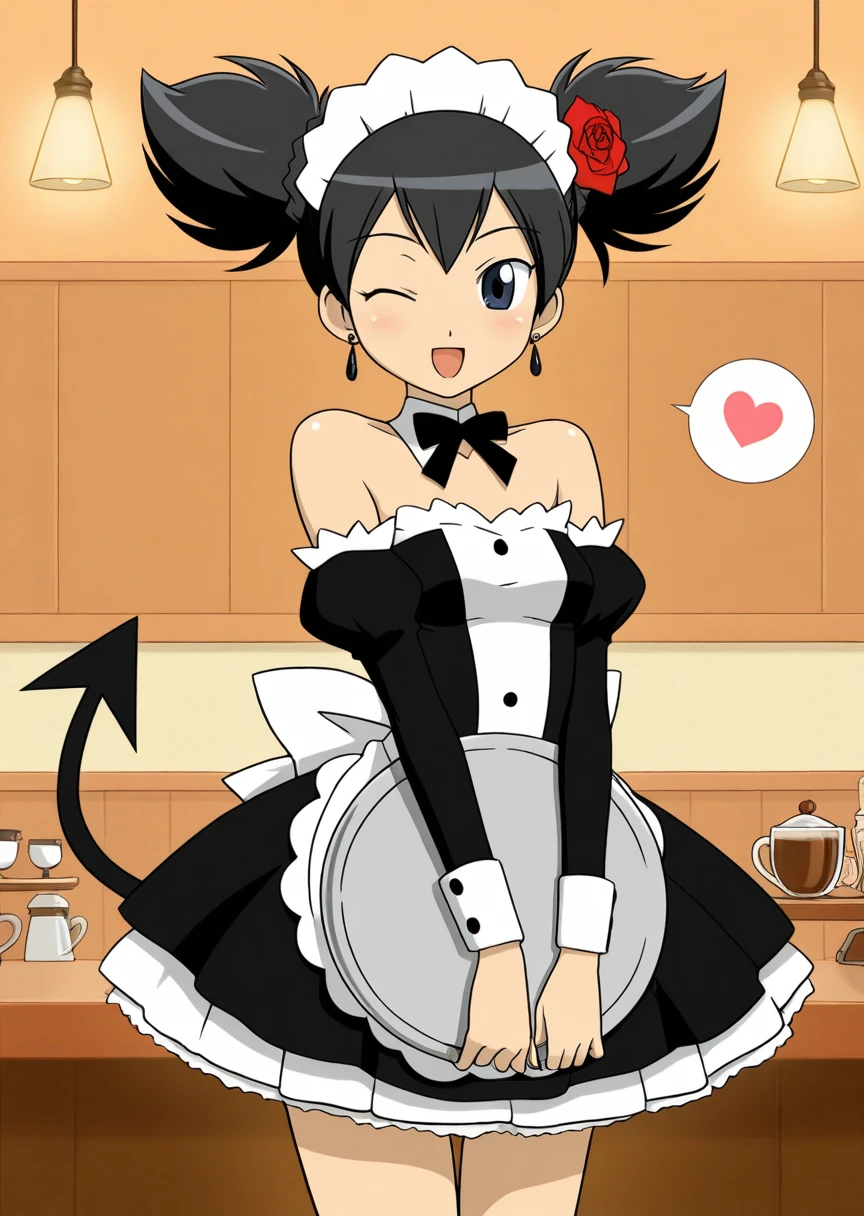 masterpiece, best quality, Kurumi nui, onegai my melody, 1girl, solo, blue eyes, black hair, earrings, jewelry, hair flower, high twintails, detached sleeves, ribbon, bare shoulders, strapless, happy, tail, cafe, maid outfit, maid headdress, tray, wink, one eye closed, spoken heart, 