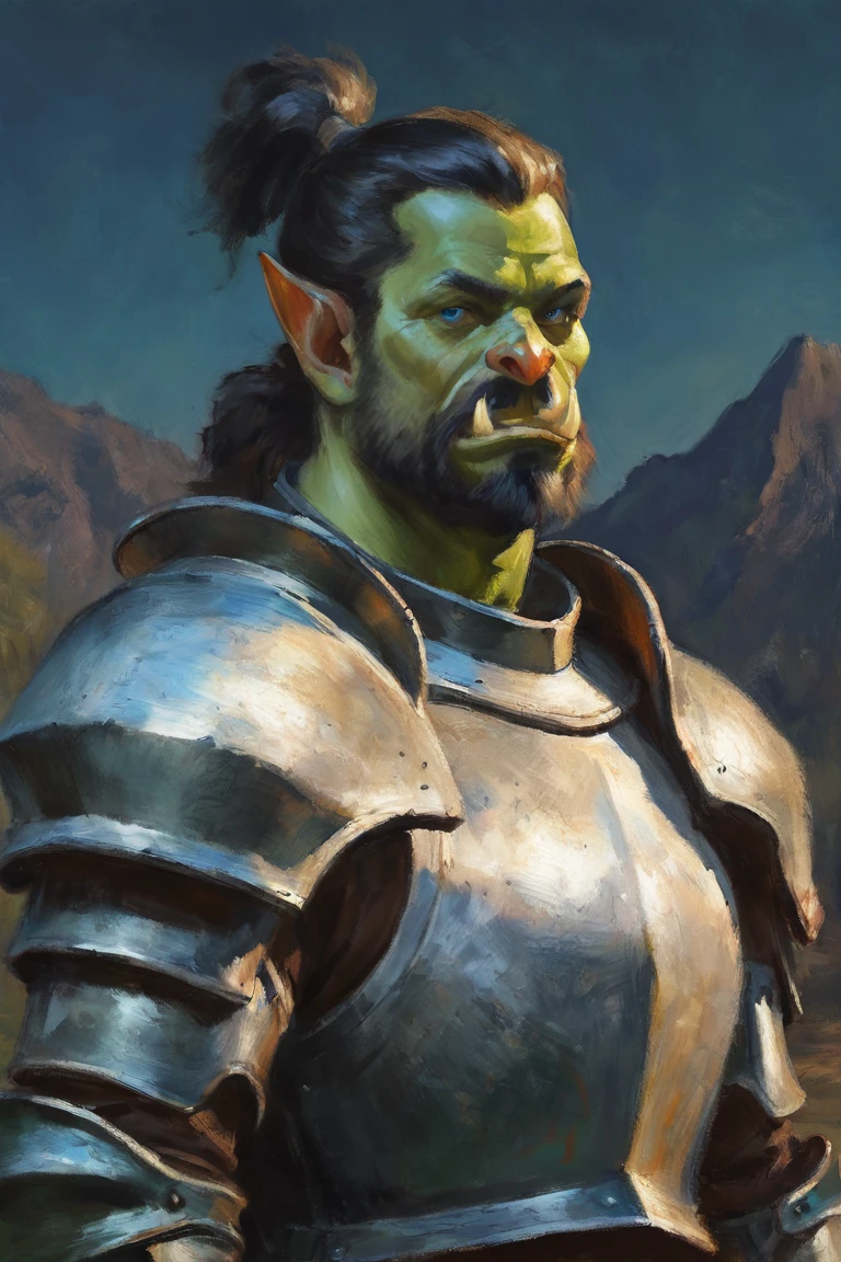 masterpiece, best quality, highres, newest, impressionism, traditional media, realistic, 1boy, solo, male focus, mature male, orc, colored skin, green skin, tusks, blue eyes, medium hair, black hair, hair slicked back, ponytail, facial hair, beard, mustache, looking at viewer, full armor, shoulder armor, breastplate, pauldrons, upper body, closed mouth, standing, outdoors, mountain, night, night sky, dark background <lora:Impressionism [LoRA] - NoobAI-XL EPS 1.0:0.8>