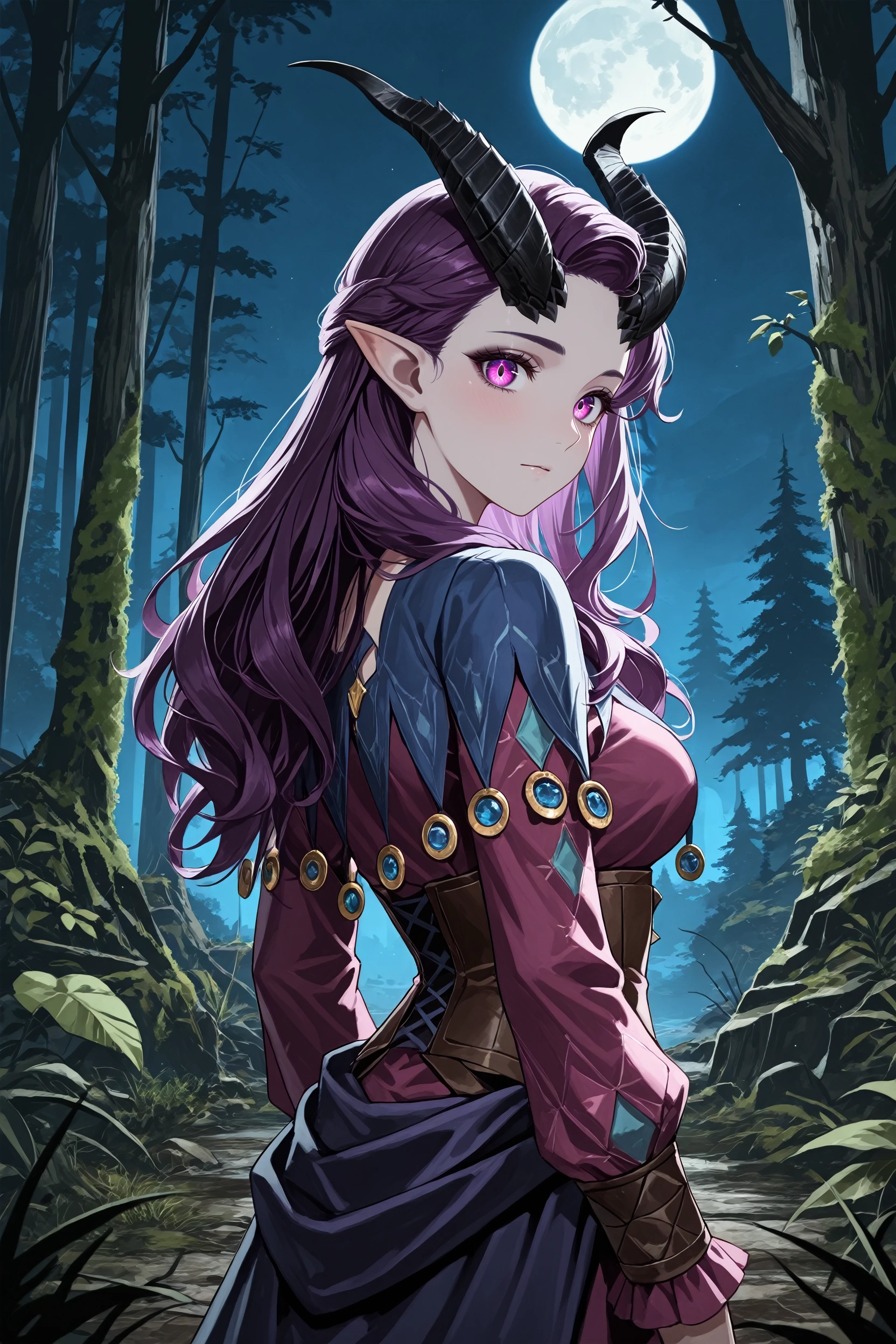 masterpiece, best quality, absurdres,
<lora:BGAlfira:1.0>
BGAlfira, 1girl, demon horns, purple hair, long hair, pointy ears, looking at viewer, a decaying abandoned mansion in a lush overgrown forest, full moon glowing red in a dark night sky