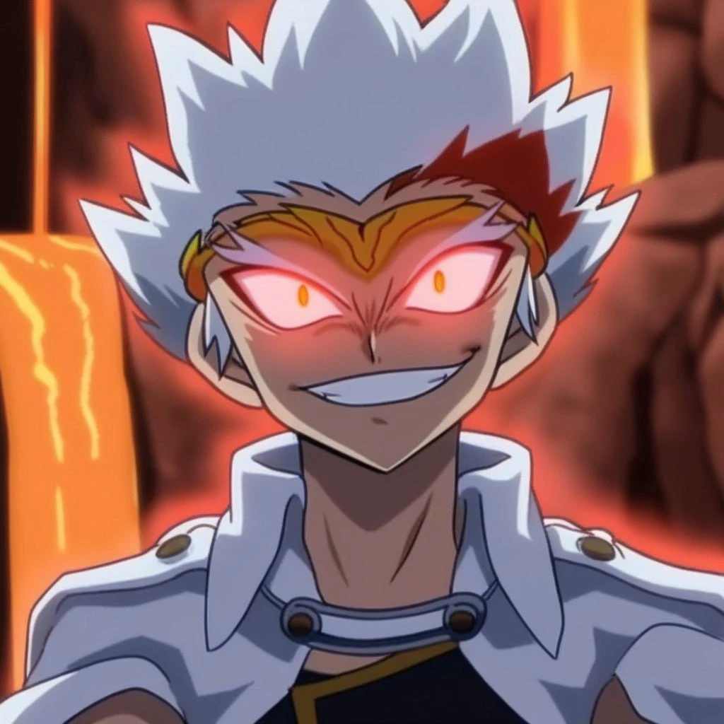 [Ryuga, 1boy, solo, white hair, spiked hair, amber eyes, black tank top, white Jacket on shoulders, black pants, upper body, glowing eyes, ((red aura)), ((in a lava cave)), ((evil smile)), front view]