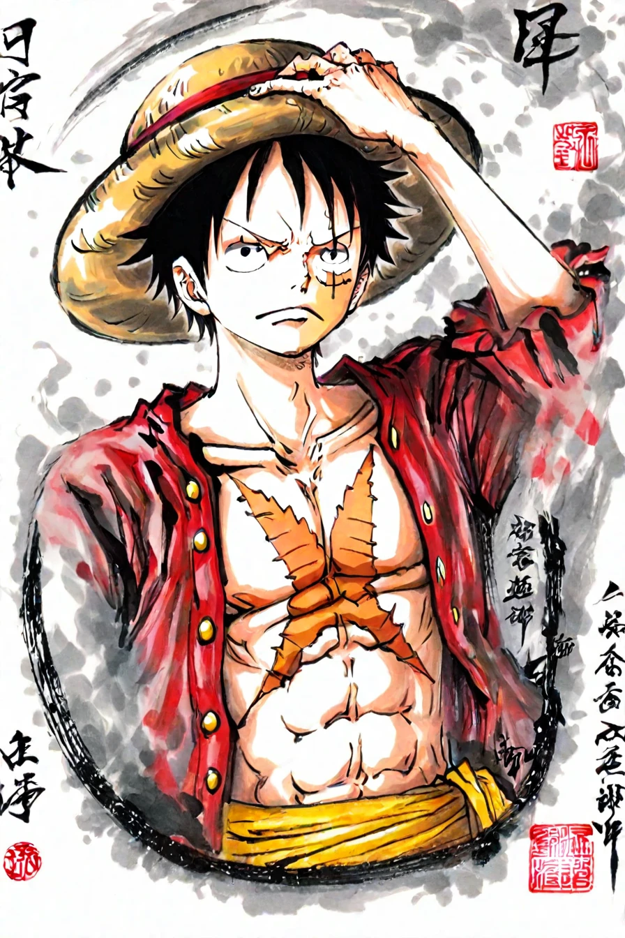 <lora:LUFFY_pony_XL:0.6>, Luffy, red jacket, scar on chest, straw hat, black hair, 1boy, solo, alone,   <lora:traditional_japanese_calligraphy_illustriousXL:1>, traditional japanese calligraphy, masterpiece, highres