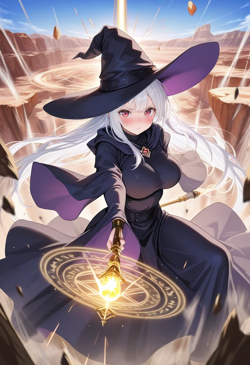 1girl, solo,large breasts,breasts,blush,day,outdoors,canyon,white hair,red eyes, bangs, purple eyes,very long hair, bangs,witch,witch hat,robe,skirt,magic,((holding_staff)), magic circle,wand, firing at viewer, dynamic pose, close-up,debris,rock,stone,<lora:geokinesis_v1_illustrious_b:1>, masterpiece, best quality amazing quality very aesthetic high resolution ultra detailed absurdres, newest