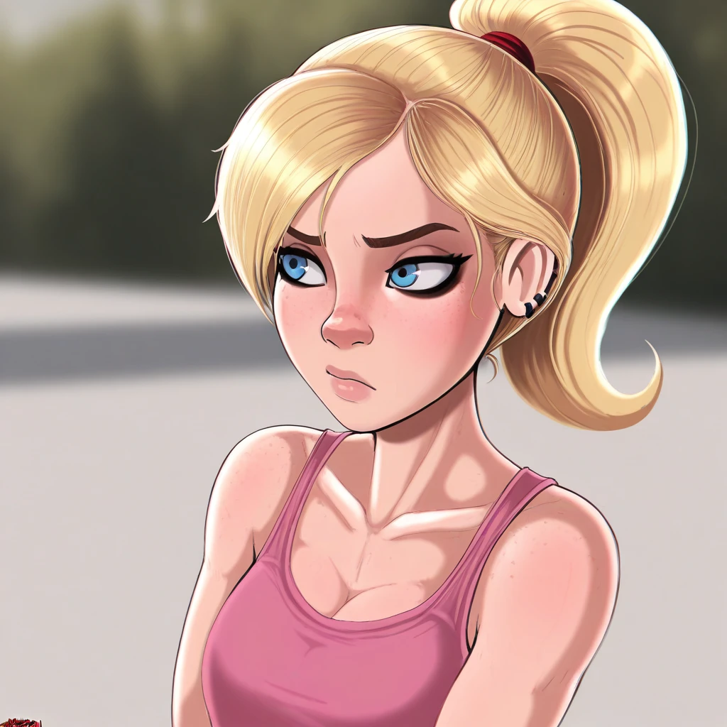 masterpiece, best quality, Shadman_Style, 1girl, solo, blonde hair, high ponytail, blue eyes, pink tank top, upper body,  <lora:ShadmanStyle_illustrious_CR_Leaf3:1>, depth of field,