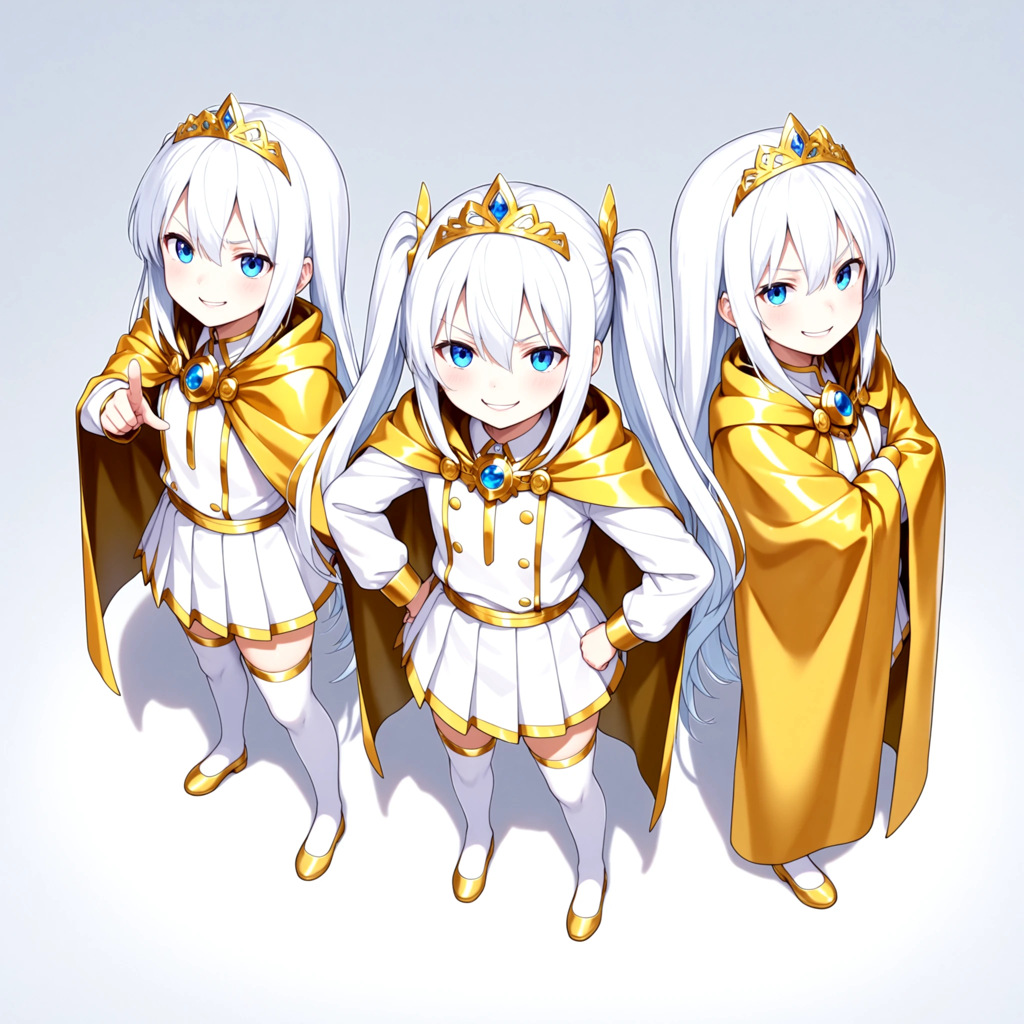 tiara, white hair, twintails, blue eyes ,gold accent cape, pleated skirt, long sleeves, long hair, straight hair, hair between eyes, twintails, white thighhighs, {{{multiple backgrounds}}}, from above, hand on hip, pointing, smirk, {best quality, amazing quality, very aesthetic, absurdres}