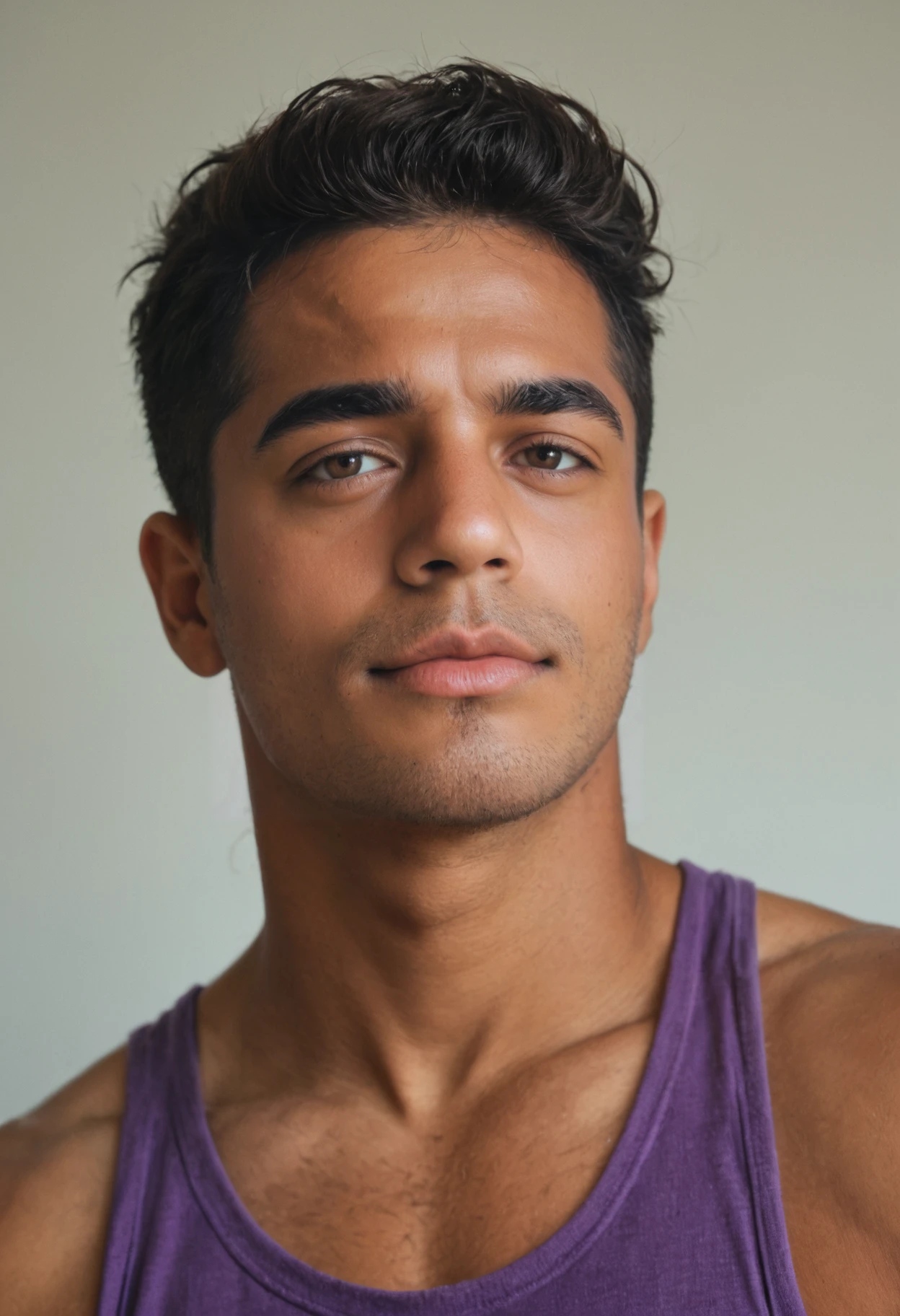 score_9, score_8_up, score_7_up, score_6_up, realistic, photorealistic, highly detailed, portrait photo, <lora:xl_jay_torres-07:0.8>  male latino jayperson, wearing purple tank top shirt, (smirk:0.5), stylish hair, white background