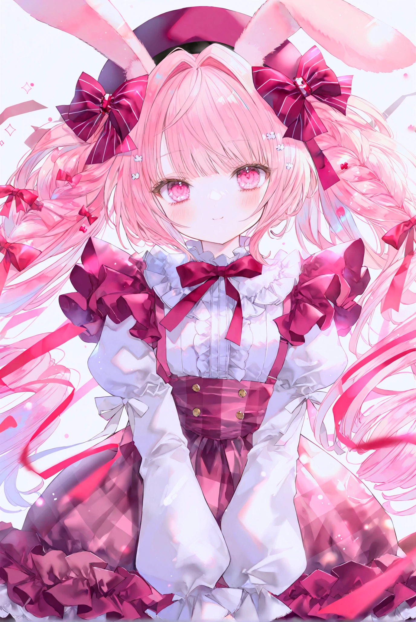 1girl, 
solo, animal ears, pink hair, rabbit ears, dress, long hair, striped bow, bow, long sleeves, bangs, smile, hat, twintails, pink dress, very long hair, puffy sleeves, looking at viewer, simple background, white shirt, shirt, striped, grey background, blush, closed mouth, pink eyes, frills, red bow, sleeveless dress, sleeveless, beret, frilled dress, pink bow, hair bow, white background, pink headwear, braid, hair intakes, v arms, juliet sleeves, pinafore dress, bowtie, A young girl with long blonde hair and blue eyes. she is wearing a pink bunny costume with large ears and a pink hat with a red ribbon tied around it. the outfit consists of a white blouse with black buttons and a plaid skirt. the girl has a big smile on her face and is looking directly at the camera.,
1girl, solo, animal ears, pink hair, rabbit ears, dress, long hair, striped bow, bow, long sleeves, bangs, smile, hat, twintails, pink dress, very long hair, puffy sleeves, looking at viewer, simple background, white shirt, shirt, striped, grey background, blush, closed mouth, pink eyes, frills, red bow, sleeveless dress, sleeveless, beret, frilled dress, pink bow, hair bow, white background, pink headwear, braid, hair intakes, v arms, juliet sleeves, pinafore dress, bowtie
<lora:ãã«ã­ãP1-000168:1>. 1girl, solo, animal ears, pink hair, rabbit ears, dress, long hair, striped bow, bow, long sleeves, bangs, smile, hat, twintails, pink dress, very long hair, puffy sleeves, looking at viewer, simple background, white shirt, shirt, striped, grey background, blush, closed mouth, pink eyes, frills, red bow, sleeveless dress, sleeveless, beret, frilled dress, pink bow, hair bow, white background, pink headwear, braid, hair intakes, v arms, juliet sleeves, pinafore dress, bowtie.
 <lora:ãã«ã­ãP1-000168:1>