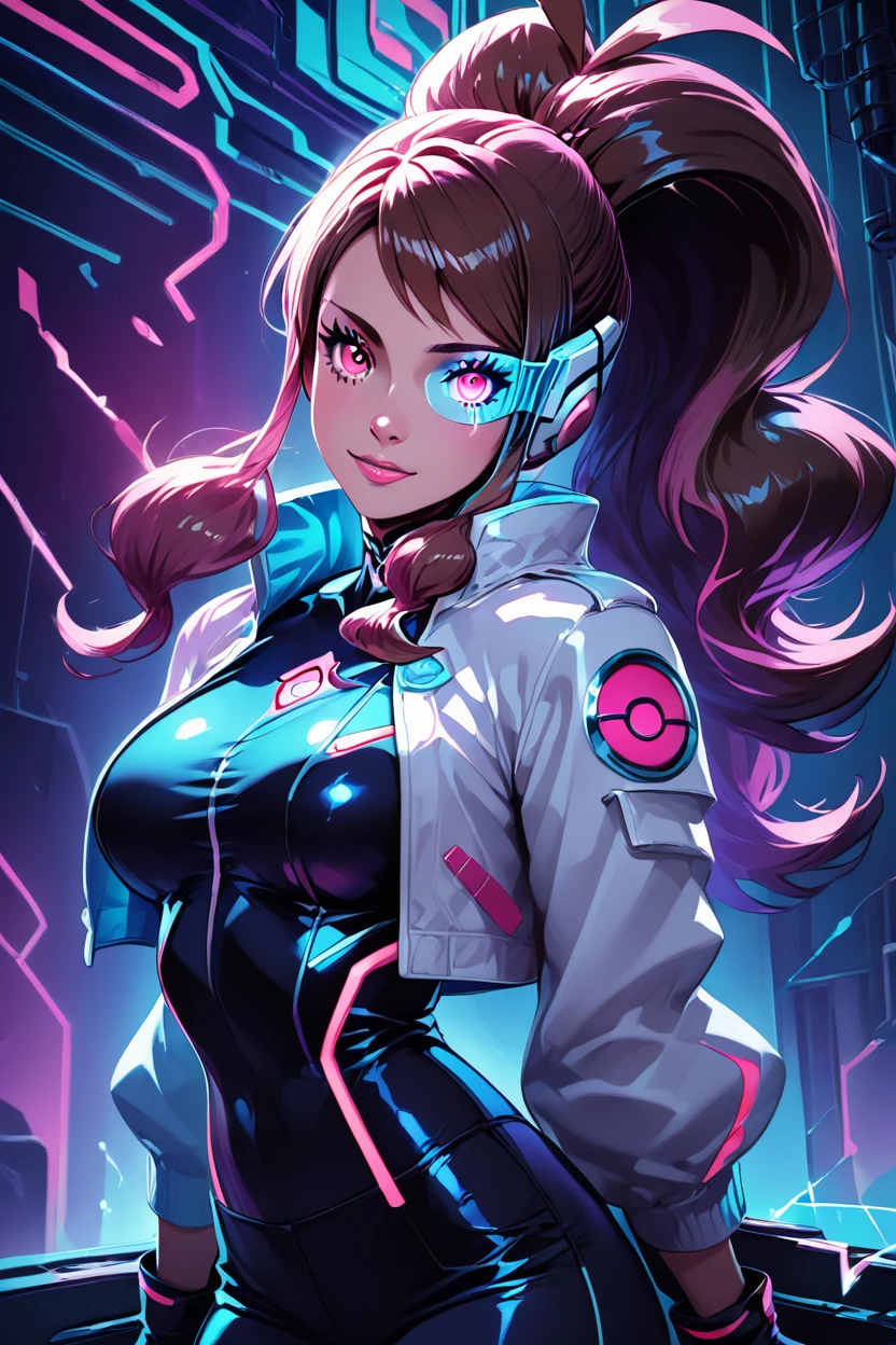 score_9, score_8_up, score_8, medium breasts, (curvy), cute, eyelashes,       ,,, ,  zzHildaLuxCitron, pink eyes, brown hair, high ponytail, long hair, multicolored hair, pink hair, ponytail, sidelocks,  white jacket, long sleeves, shiny, pants, black gloves, cyberpunk, scouter,  <lora:HildaLuxVoltPDXL:1>,  , BREAK,  (ultra realistic,32k, masterpiece:1.2),(high detailed skin:1.1),( high quality:1.1), head tilt, lips, closed mouth, shiny clothes, (upper body), looking at viewer, bokeh, luminescent background, ,,, embedding:zPDXL, Expressiveh, ,,, <lora:RlAnmPDXL:1.0>,