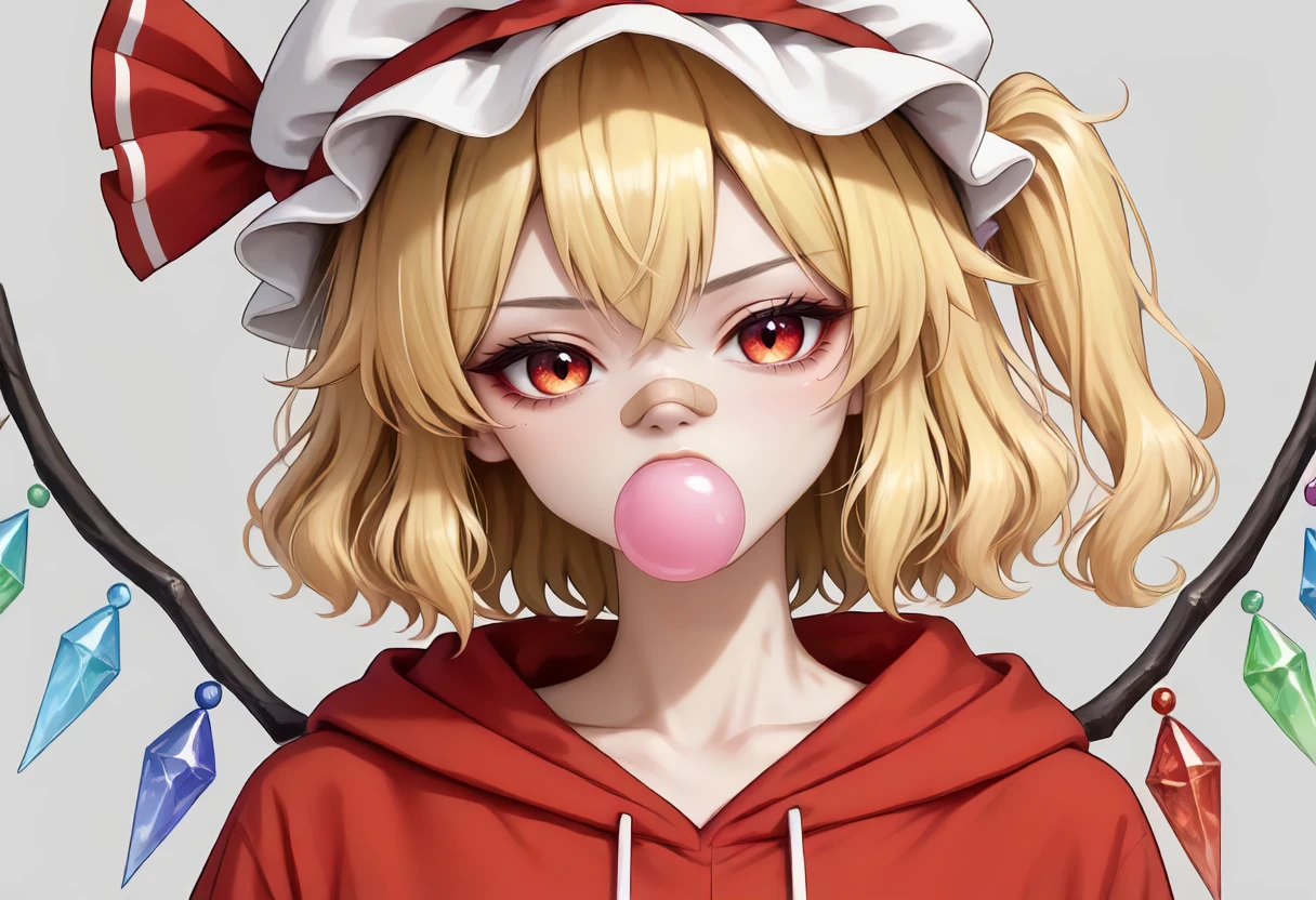 score_9,score_8_up,score_7_up,score_6_up,score_5_up,source_anime,<lora:Flandrescarlet_touhou_ponyxl:0.7>,flandre_scarlet_touhou,<lora:Add_more_details_V2_XLpony:1>,full_details,1girl,alternate costume,bandaid,bandaid on face,bandaid on nose,blonde hair,character doll,chewing gum,dark background,grey background,hat,hood,hoodie,looking at viewer,medium hair,mob cap,multicolored wings,one side up,portrait,red eyes,red hoodie,simple background,solo,white hat,wings,