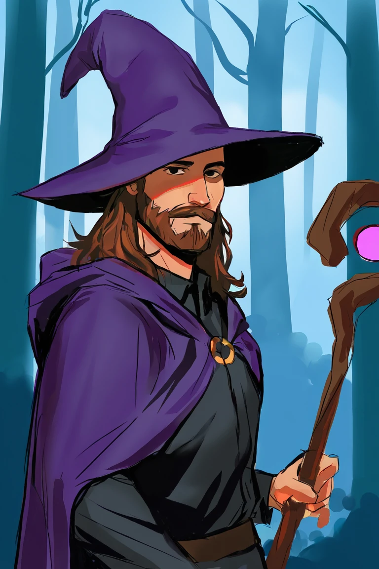 masterpiece, best quality, highres, newest, sketch, 1boy, solo, male focus, mature male, wizard, long hair, brown hair, black eyes, looking at viewer, hat, facial hair, beard, mustache, staff, wizard hat, purple hat, black shirt, collared shirt, robe, purple robe, hooded cloak, holding, holding staff, upper body, closed mouth, standing, outdoors, forest, nature, tree, fog, dark background <lora:Sketch Illustration [LoRA] - NoobAI-XL EPS 1.0:0.8>