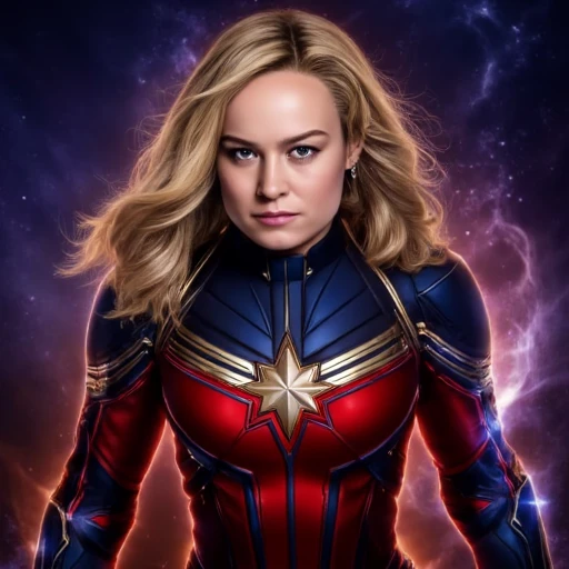 Captain Marvel. The image is a high-resolution digital illustration of a woman in a superhero costume, high-tech design. The suit is a deep red with a gradient effect, wavy blonde hair styled with a small hair accessory on the left side. She is dressed in a sleek, set against a backdrop of outer space. The woman has shoulder-length, armored material with a glossy texture.  Loki's mind  control  septer  is  gentley  touching  the  young woman's  chest.  She  is  falling  victim to its hypnotic effects.  Her  eyes  are glowing a  deLeo and  prominant  blue, high-tech suit. The suit is predominantly dark blue with a red chest plate, portrayed by actress Brie Larson. She has long, Captain Marvel. This is a photograph from the Marvel Cinematic Universe film "Guardians of the Galaxy." The image features a close-up shot of a character