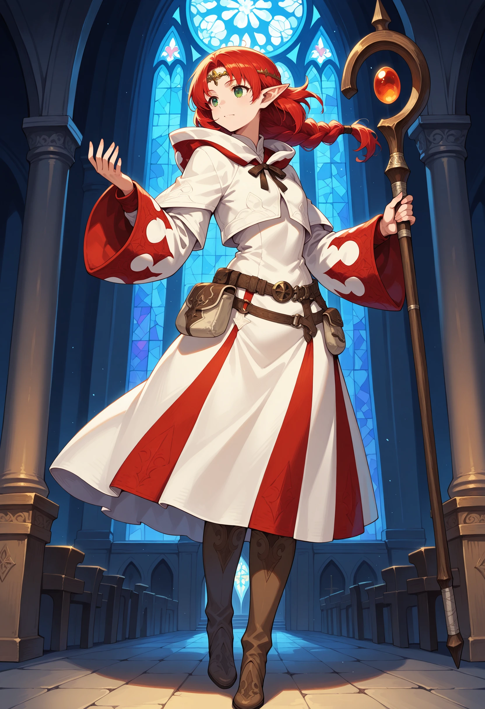 masterpiece, best quality,  elf, red hair, green eyes, church, stained glass, white mage, boots, belt, hood, pouch, robe, belt pouch, circlet, <lora:WhiteMageIL:1>, holding, holding staff, floating hair, floating, arms out,single braid, night,