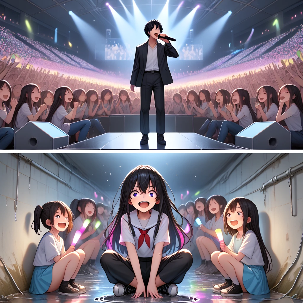 score_9, source_anime, sewer concert, aged up, full body, solo, 1boy on stage, glowstick, 1girl, 6+girls, multiple girls in tunnel, music, audience, wet, 2koma, multiple views, crazy fans, <lora:girllikesewerconcert_pony:0.9>