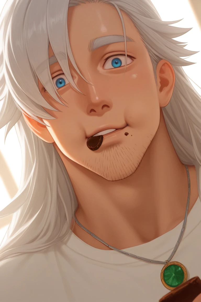 2.5D, subsurface scattering, realistic shading, natural lighting, food theme, chocolate mark on mouth, eating, male focus, looking at viewer, expressive face, NorbaTG, maelnnt, black_maelnnt_stubble, white_maelnnt_long hair, blue eyes, 1boy, surprised, wide-eyed, puffed cheeks, cute face, shiny skin, wealthy clothes, necklace, shirt, dutch angle, dynamic angle, intricately detailed illustration, depth of field, masterpiece, best quality, amazing quality, very aesthetic, absurdres, newest