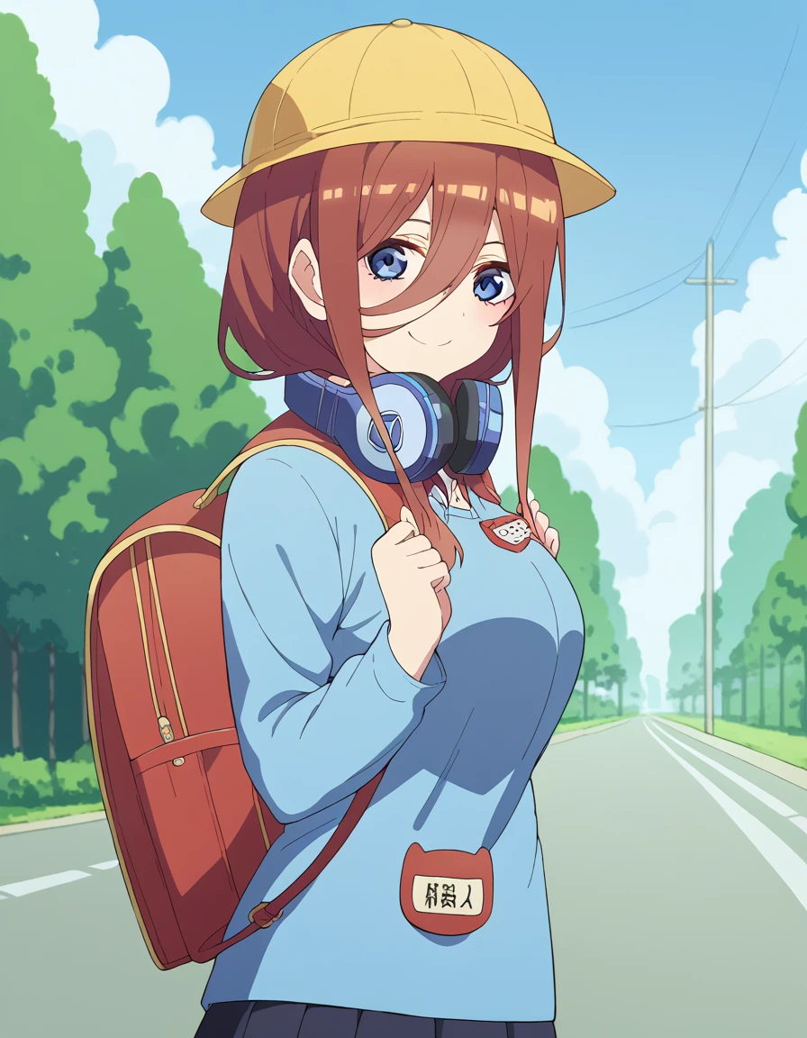 score_9, score_8_up, score_7_up, source_anime, <lora:miku-nakano-s2-ponyxl-lora-nochekaiser:1>, miku nakano, long hair, bangs, blue eyes, brown hair, hair between eyes, headphones, headphones around neck, large breasts,, <lora:kindergarten-uniform-ponyxl-lora-nochekaiser:1> kindergarten uniform, school hat, yellow hat, randoseru, backpack, red bag, blue shirt, name tag, skirt, pleated skirt,, smile, street, houses, road, from side, looking at viewer, holding strap, cowboy shot,