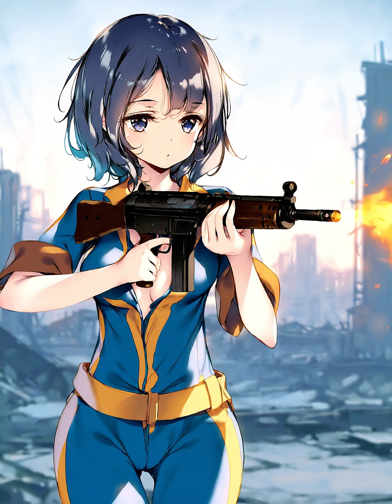 1girl, solo, miyako_yoshika, humanization, vault suit, no headwear, aged-up, breasts, stent r91, assault rifle, holding gun, two-handed, aiming, firing, muzzle flash standing, outdoors, building, post-apocalypse cowboy shot, best quality, masterpiece, ke-ta, <lora:OWN/pops_fo3_r91-v002-000015.safetensors:1.0>