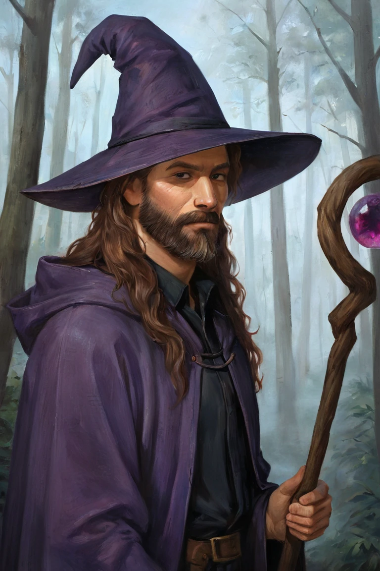 masterpiece, best quality, highres, newest, traditional media, realistic, 1boy, solo, male focus, mature male, wizard, long hair, brown hair, black eyes, looking at viewer, hat, facial hair, beard, mustache, staff, wizard hat, purple hat, black shirt, collared shirt, robe, purple robe, hooded cloak, holding, holding staff, upper body, closed mouth, standing, outdoors, forest, nature, tree, fog, dark background <lora:Gothic Painting [LoRA] - NoobAI-XL EPS 1.0:1>