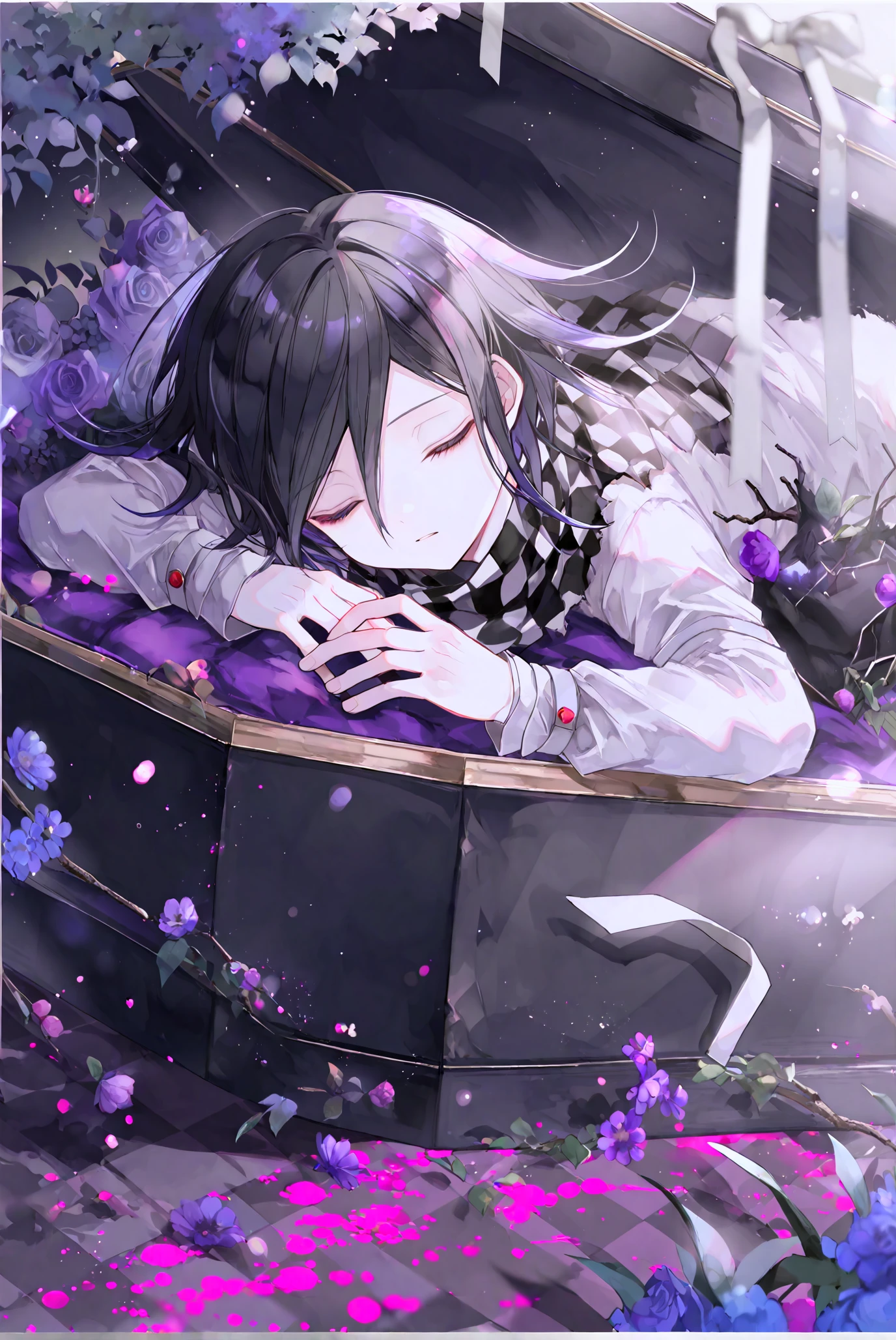 1boy, male focus, oma kokichi, 
arm belt, bishounen, blood, blood drip, blood splatter, border, branch, checkered clothes, checkered scarf, coffin, flipped hair, flower, hair between eyes, implied death, long sleeves, lying, on stomach, pale color, pale skin, pink blood, purple flower, purple hair, ribbon, sad, scarf, short hair, sleeping, solo, tree, two-tone scarf, upper body, white border, white ribbon, View from above. A young boy named oma kokichi with short black hair and pale skin is lying on his stomach in a coffin covered with purple roses. He has a green jacket over a checkered shirt underneath it. The boy's eyes are closed and his mouth is slightly open in a moan of pleasure from the impending death. In the background there is a pink blurred bokeh effect with white flowers.,
oma_kokichi,
1boy, arm belt, bishounen, blood, blood drip, blood splatter, border, branch, checkered clothes, checkered scarf, coffin, flipped hair, flower, hair between eyes, implied death, long sleeves, lying, male focus, on stomach, pale color, pale skin, pink blood, purple flower, purple hair, ribbon, sad, scarf, short hair, sleeping, solo, tree, two-tone scarf, upper body, white border, white ribbon
<lora:ãã«ã­ãP1-000168:1>. oma_kokichi,
1boy, arm belt, bishounen, blood, blood drip, blood splatter, border, branch, checkered clothes, checkered scarf, coffin, flipped hair, flower, hair between eyes, implied death, long sleeves, lying, male focus, on stomach, pale color, pale skin, pink blood, purple flower, purple hair, ribbon, sad, scarf, short hair, sleeping, solo, tree, two-tone scarf, upper body, white border, white ribbon.
 <lora:ãã«ã­ãP1-000168:1>