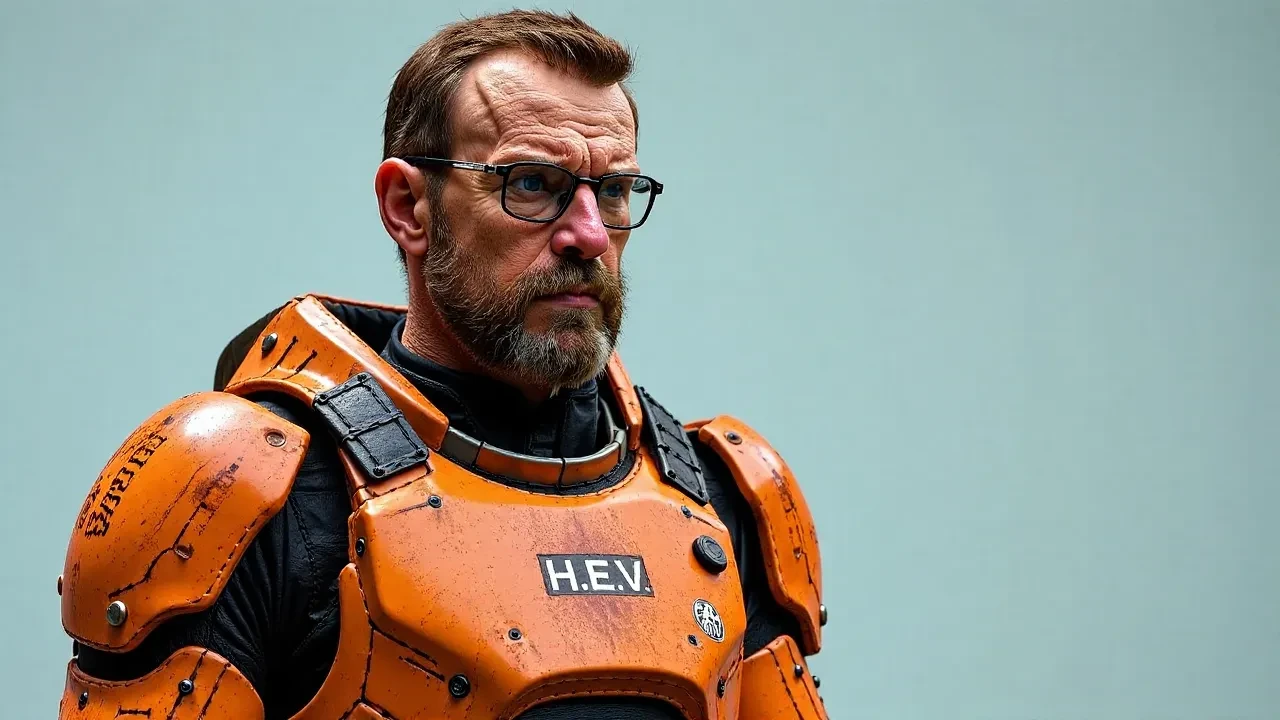 gordon freeman, glasses, orange armored battle suit with text "H.E.V." on a breastplate