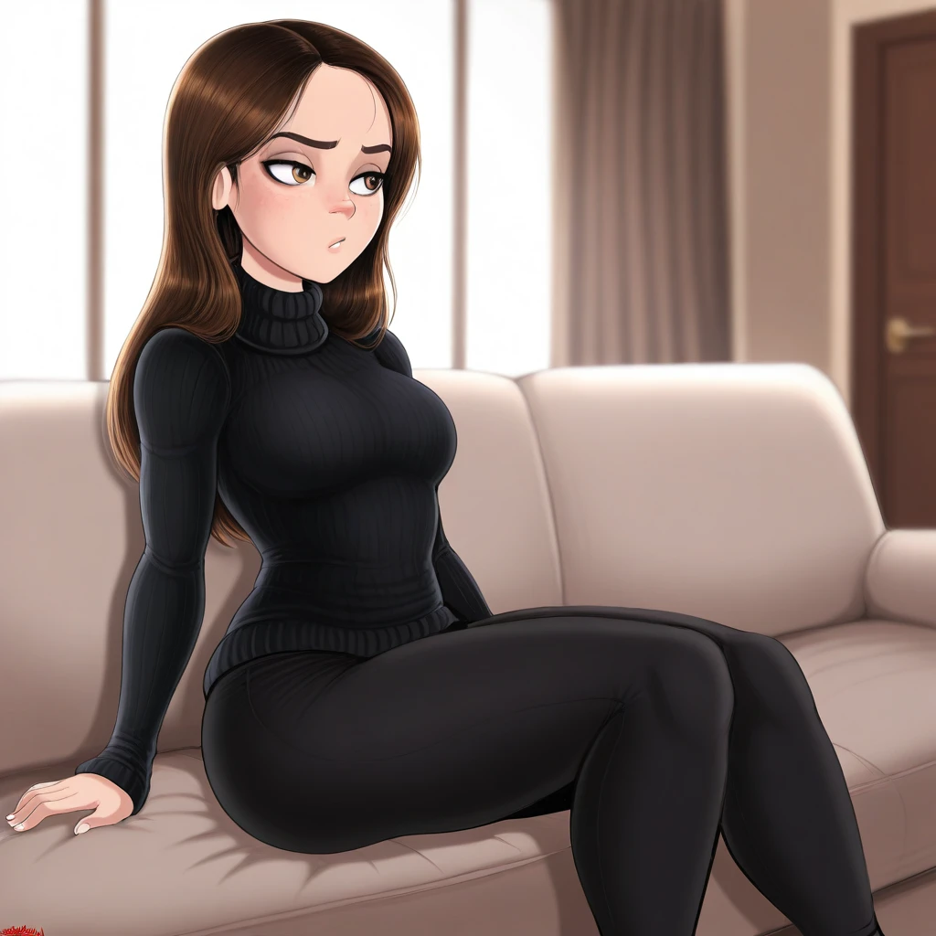 masterpiece, best quality, Shadman, 1girl, solo, brown hair, long hair, brown eyes, black turtleneck sweater, black pants, indoors, sitting on couch, <lora:ShadmanStyle_illustrious_Leaf2:1>, depth of field,