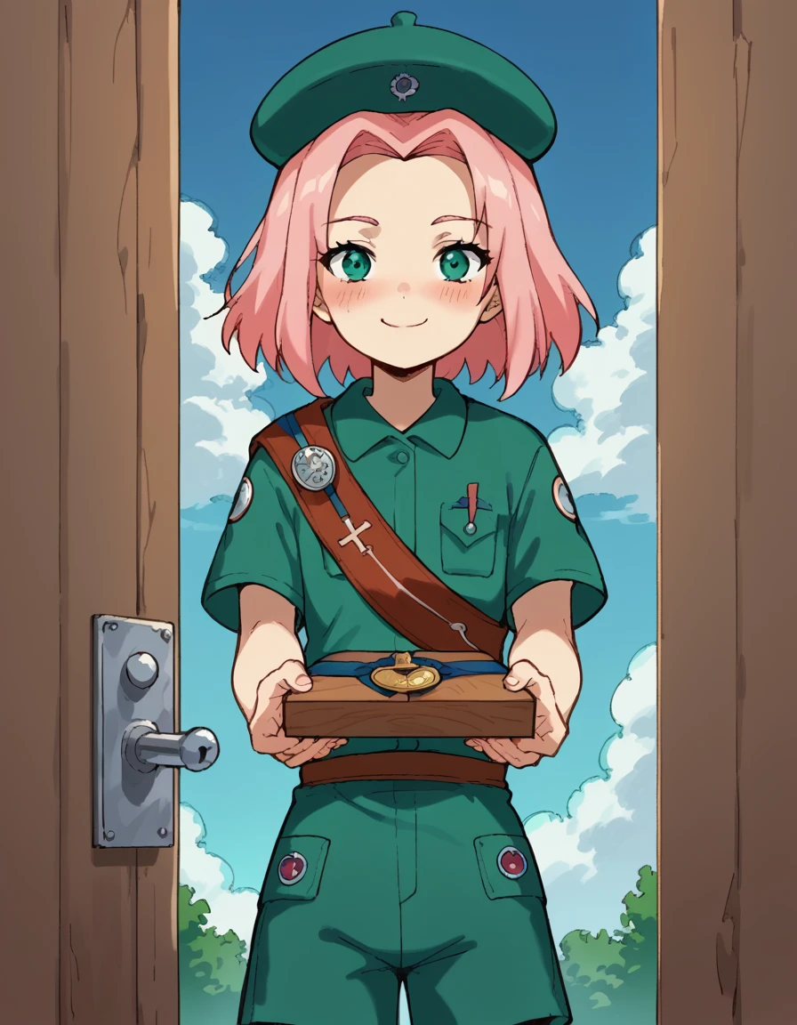 score_9, score_8_up, score_7_up, source_anime, <lora:sakura-haruno-s1-ponyxl-lora-nochekaiser:1>, sakura haruno, medium hair, green eyes, pink hair, parted bangs,, <lora:girl-scout-uniform-ponyxl-lora-nochekaiser:1> girl scout uniform, badge, beret, breast pocket, girl scout, green hat, hat, short sleeves, shirt, green shirt, shoulder sash, medal, button badge, uniform, shorts, green shorts, short shorts, kneehighs,, smile, blush, looking at viewer, blue sky, clouds, entrance, doorway, <lora:incoming-gift-ponyxl-lora-nochekaiser:1>, incoming gift, outstretched arms, holding, holding box, box, cardboard box,, cowboy shot,