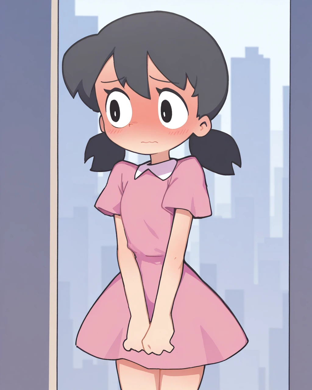 masterpiece, best quality, 1girl, orenji, solo, minamoto shizuka, black hair, twintails, black eyes, {pink dress|pink shirt, long sleeves, blue short skirt|student uniform|police uniform}, {standing|sitting|walking}, {smile|embarrassed, blush|sad}, {looking at viewer|looking away}, {city|living room, window, cloudy|library, window|classroom}