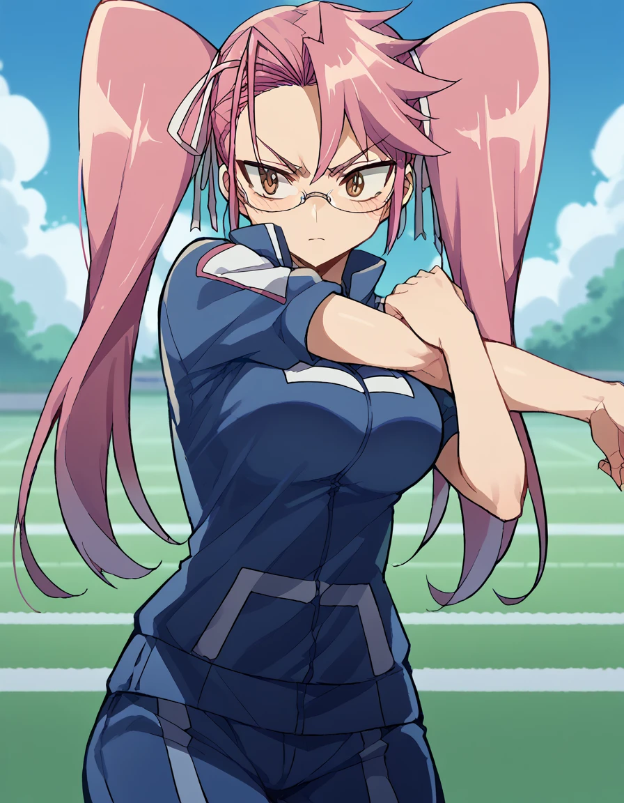 score_9, score_8_up, score_7_up, source_anime, sayatakagi, <lora:saya-takagi-ponyxl-lora-nochekaiser:1>, saya takagi, long hair, ribbon, twintails, brown eyes, hair ribbon, pink hair, glasses, large breasts,, <lora:ua-gym-uniform-ponyxl-lora-nochekaiser:1> ua gym uniform, u.a. gym uniform, blue track suit, blue pants, blue shirt, short sleeves,, blush, track and field, <lora:cross-body-stretch-ponyxl-lora-nochekaiser:1> cross-body stretch, stretching, arm across chest, exercising,, cowboy shot,