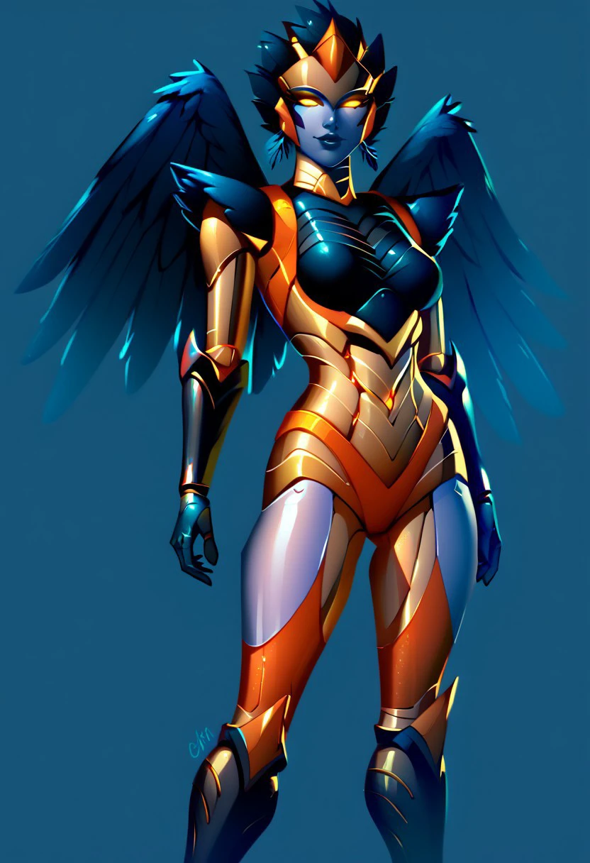 score_9, score_8_up, score_7_up,score_6_up, Expressiveh, 1dk, score_9, solo, 1girl, perfection, dark setting,
Airazer, 1girl, robot, black skin,  gold skin,  multicolor skin,  metallic skin,  feathers,  wings,
Standing,