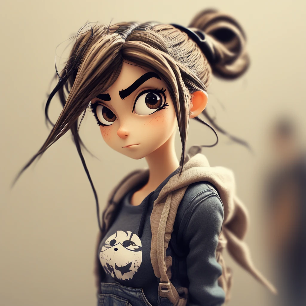 simple_background, upper_body, hair_bun, blurry_background, hoodie, ponytail, brown_eyes, , goggles, thick_eyebrows, hood, closed_mouth, armor, black_eyes, overalls, floating_hair