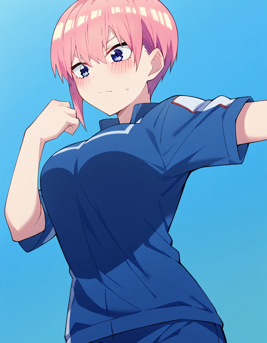 score_9, score_8_up, score_7_up, source_anime, <lora:ichika-nakano-s2-ponyxl-lora-nochekaiser:1>, ichika nakano, short hair, bangs, blue eyes, hair between eyes, pink hair, pixie cut, large breasts, <lora:ua-gym-uniform-ponyxl-lora-nochekaiser:1> ua gym uniform, u.a. gym uniform, blue track suit, blue pants, blue shirt, short sleeves,, blush, track and field, <lora:cross-body-stretch-ponyxl-lora-nochekaiser:1> cross-body stretch, stretching, arm across chest, exercising,, cowboy shot,