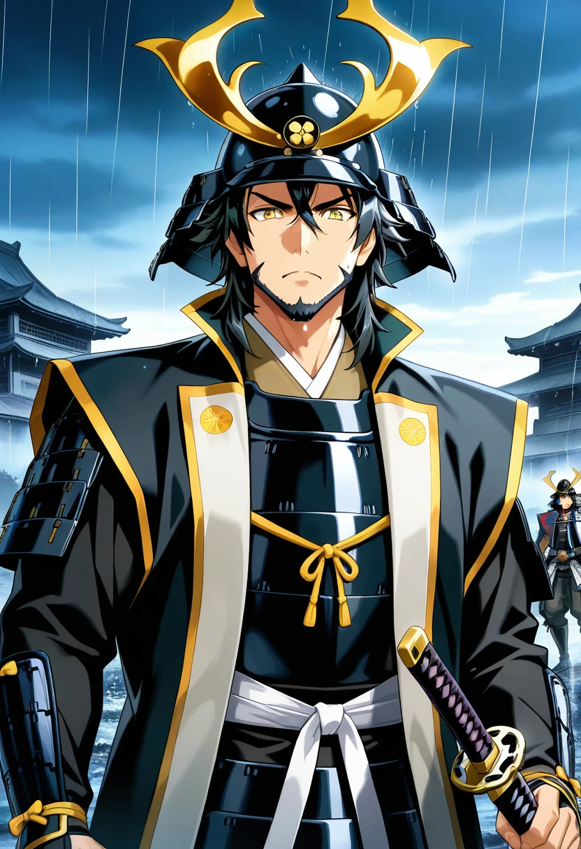 masterpiece, best quality, absurdres, detailed skin, anime colored, anime screencap,
1 man, yellow eyes, black hair, medium hair, beard, cold expression, looking at viewer,
<lora:jinbaori:0.8>, jinbaori, armor, katana at waist, kabuto, helmet, 
battlefield, heavy rain,