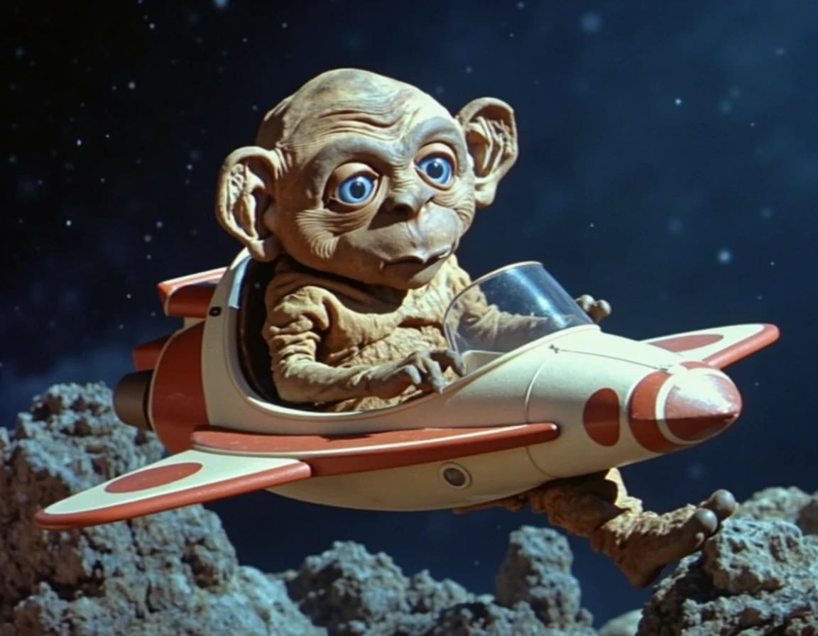 A photo where Nukie the knockoff alien looks stoned as he flies his spaceship