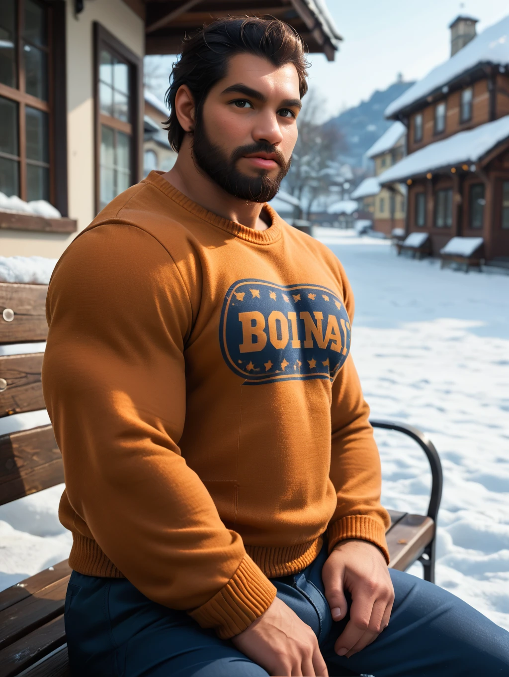 <lora:FullBeard_DomSantiago_PonyXL-09:0.95> domsantiagofullbeard, sweater, beard, black hair, short hair, dark skin, brown skin, muscular, bara, chubby, brown eyes, outdoor, town, sitting on bench, snow, winter, looking at viewer, score_9, score_8_up, score_7_up, score_6_up,