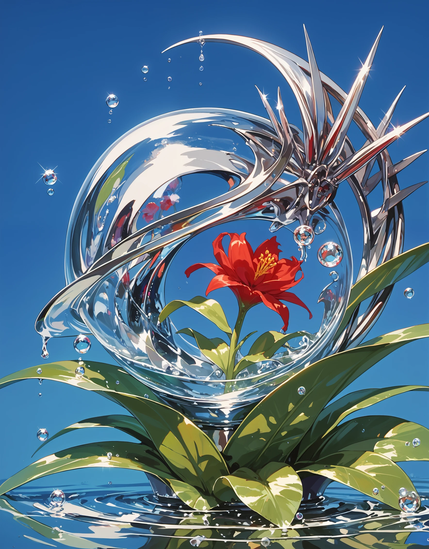 score_9, score_8_up, score_7_up, source_anime,intricate details,Masterpiece,best quality,AMAZING QUALITY,  <lora:chrome_core:1>,Chrome_core, 1 flower,lily \(flower\), red flower,   flower pot, chrome leaf,grey leaf, BLUE background, water, water drop,