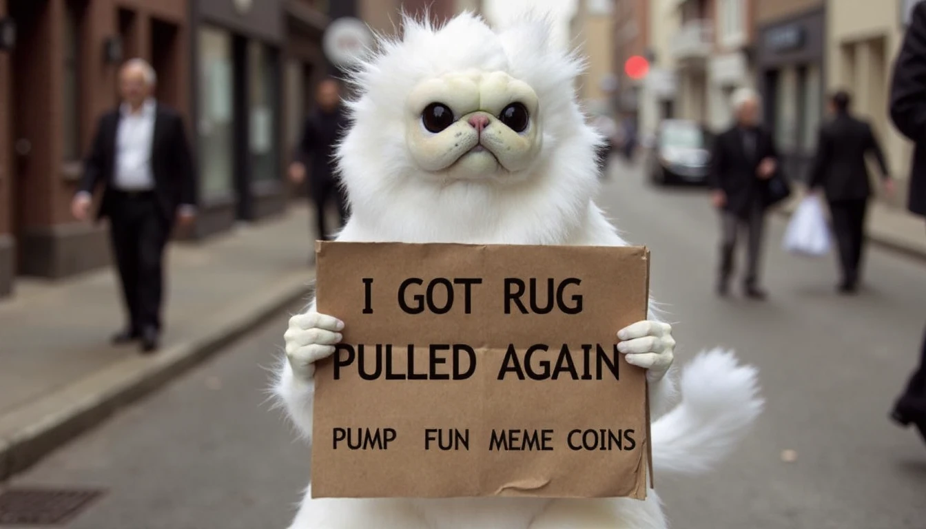 PERSIANCAT,HOMELESS WHITE MONKEY CAT ON STREET HOLDING A SIGN THAT SAYS "I GOT RUG PULLED AGAIN",<lora:PERSIANCAT (WHITE MONKEY CAT)_Flux_v1:1>,TEXT ON BOTTOM THAT SAYS "PUMP FUN MEME COINS",