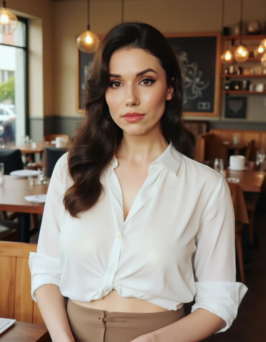 (A cinematic shot of <lora:Grace_Caroline_Currey:1> a young woman with a light to medium skin tone. a stunning female model, wavy hair, makeup and mascara. She is wearing a button-up white shirt and a skirt, standing in cafe looking at the viewer)