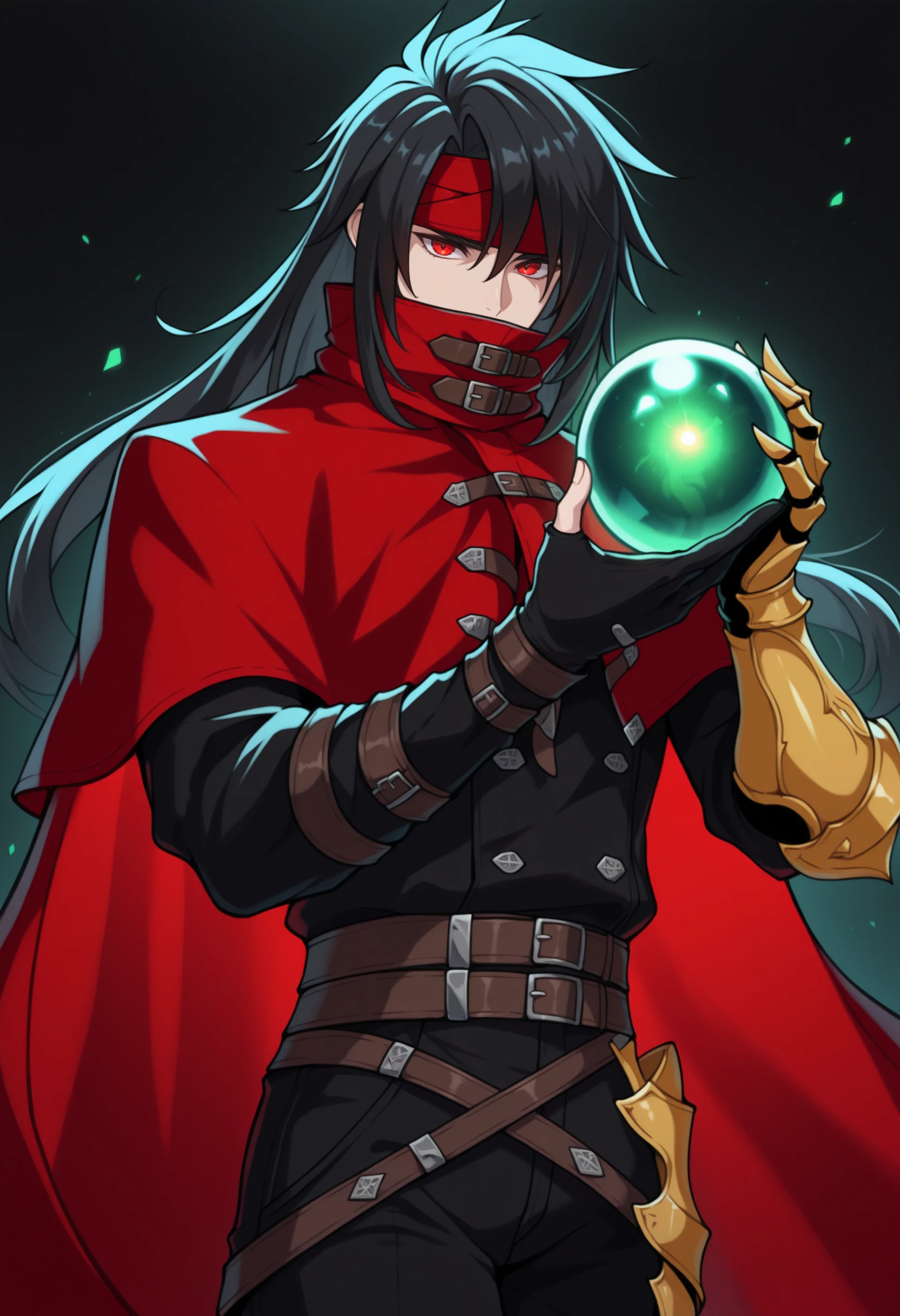 masterpiece, best quality, solo, 1boy, looking at viewer,  <lora:Vincent-valentine-illus_Fp:1>,  vincentff7, black hair, red eyes, long hair, red headband, red cloak, buckle, black shirt, black pants, single gauntlet, multiple belts, single fingerless glove, green crystal ball, holding, covered mouth, glowing,