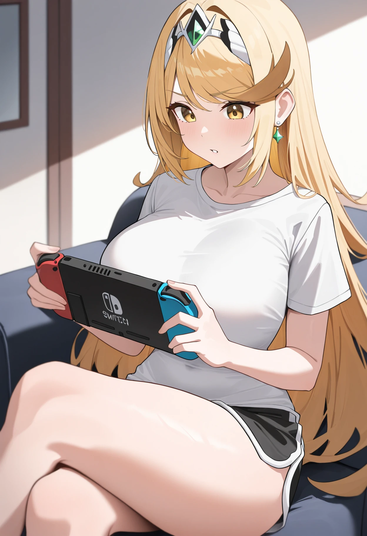 masterpiece, best quality, absurdres, highres, newest, 1girl, solo, <lora:mythra-xb-richy-v1_ixl:1> mthrrnd, yellow eyes, blonde hair, long hair, tiara, earrings, large breasts, parted lips, indoors, sitting, crossed legs, nintendo switch, playing games, handheld game console, t-shirt, dolphin shorts,