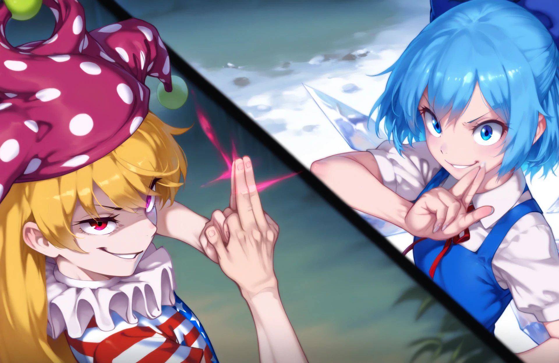 masterpiece, best quality, domain clash, split screen, cirno, clownpiece, smirk, <lora:DC_v1_NAI-XL:1>