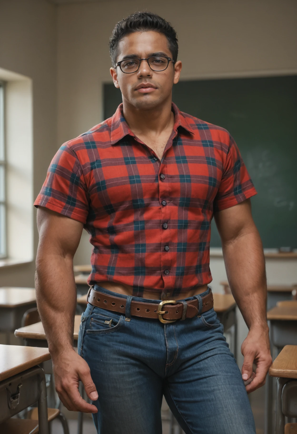 score_9, score_8_up, score_7_up, score_6_up, realistic, photorealistic, highly detailed, <lora:xl_jay_torres-07:1> muscular male latino jayperson, wearing taught short sleeve red plaid shirt and jeans, glasses, belt, standing in classroom