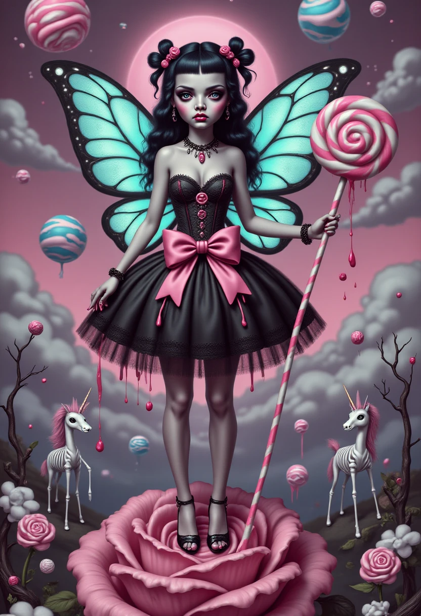 MydenStyle A bubblegum goth fairy with glowing wings shaped like shattered glass, standing atop a giant black rose blooming in a surreal candy-coated landscape. Her dress is a mix of latex and tulle, featuring oversized bow accents in neon pink and black. She wields a lollipop staff that drips with a mysterious, glowing liquid. The surrounding scene includes floating candy planets, skeletal unicorns, and clouds that look like cotton candy but ooze dark slime.