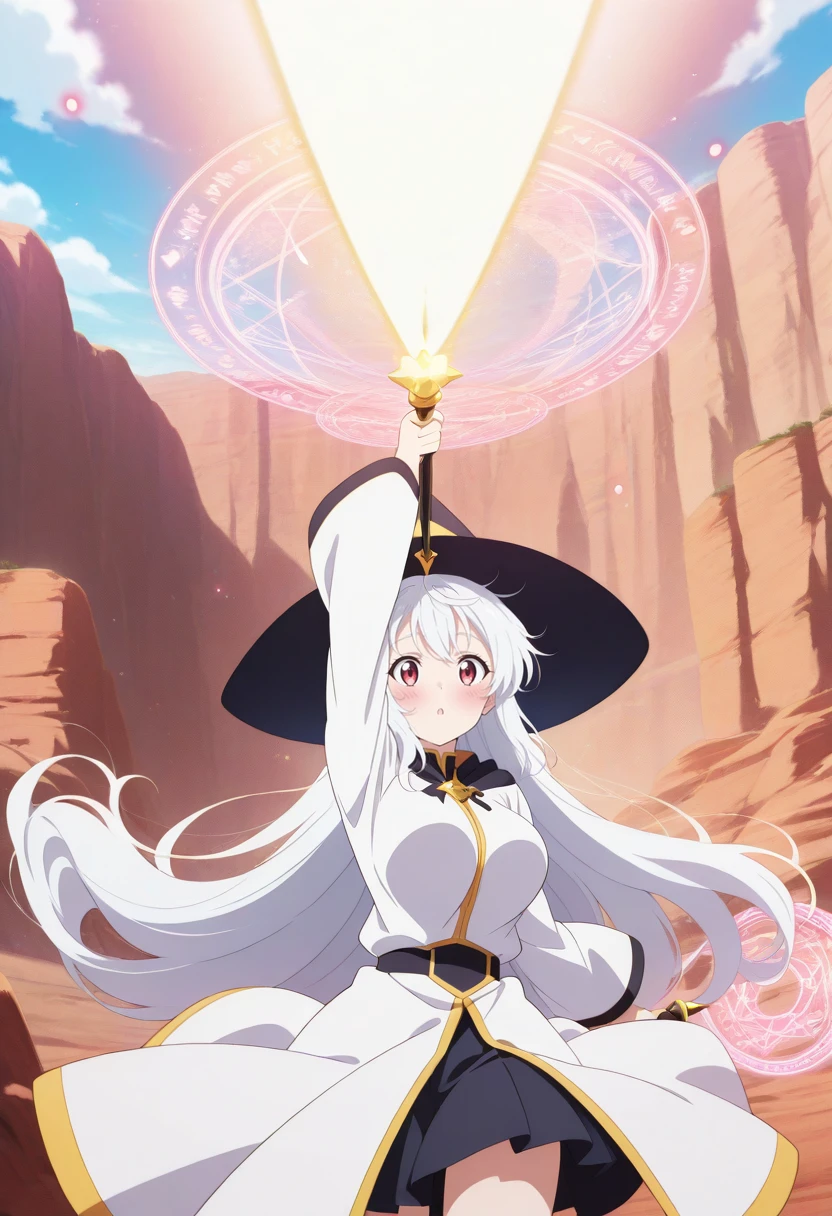 ailand,beameffect,1girl, solo,large breasts,blush,day,outdoors,canyon,white hair,red eyes, bangs, purple eyes,very long hair, bangs,witch,witch hat,robe,skirt,holding_staff, magic circle,wand,action,cowboy_shot,looking at viewer, ((white_beam:1.5)),beam,firing at viewer,<lora:beam_v1_illustrious_b:.8>,danmaku, dynamic angle, masterpiece, best quality amazing quality very aesthetic high resolution ultra detailed absurdres, newest,((anime_coloring)),anime_screencap,studio_anime,<lora:ailand_v1_illustrious:1>